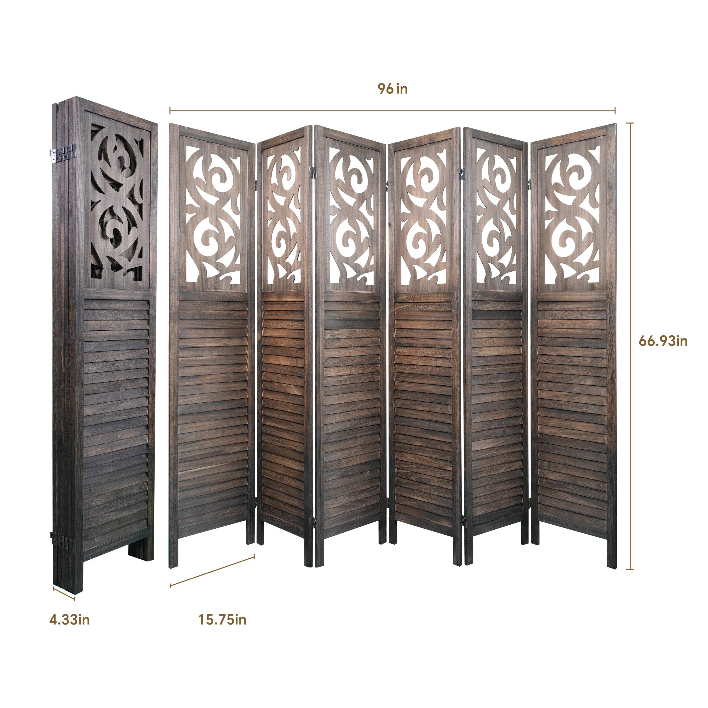 6 Panel Room Dividers – 6FT Carved Wood Folding Partition Wall Divider, Rustic Brown Wooden Carved Privacy Screen for Office, Restaurant, and Home Use