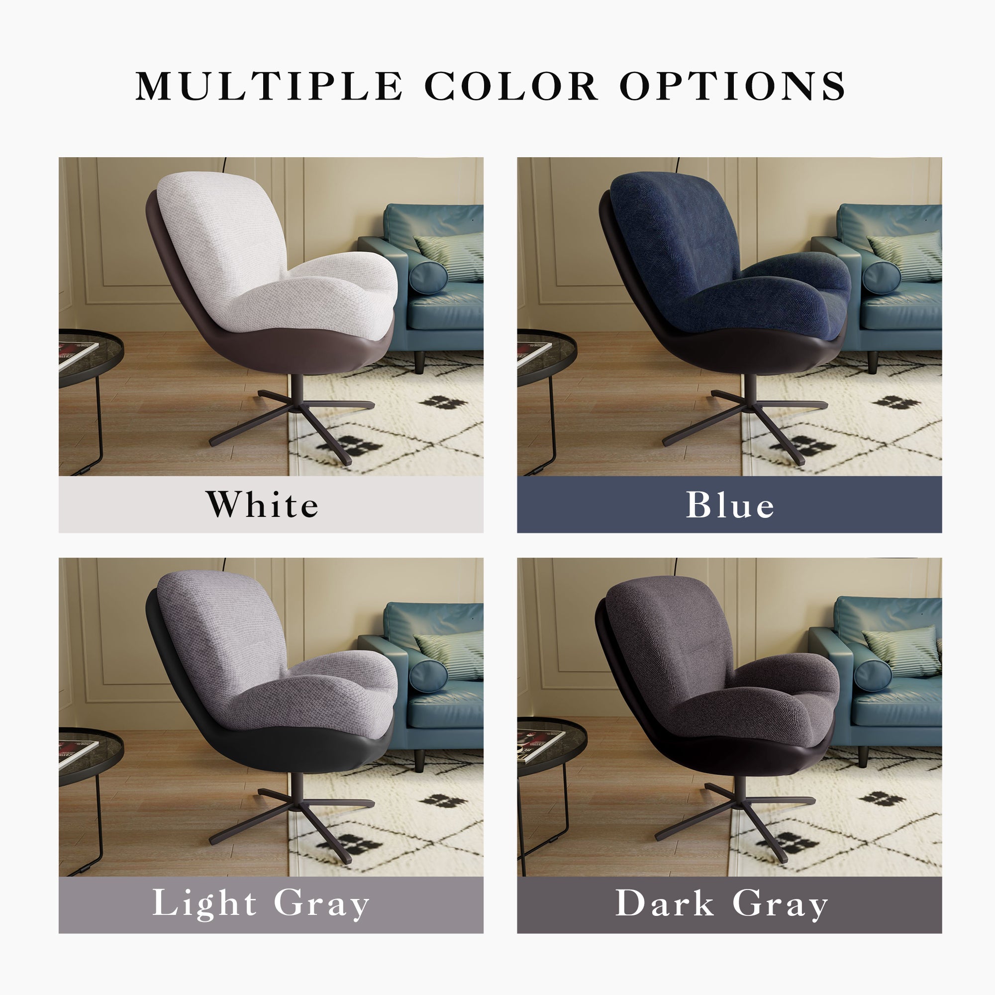 360° Swivel Office Chair, Modern Chenille Chair with Faux Leather and Black Metal Base Frame, No Wheels, Accent Chair for Small Spaces, Living Room, Bedroom, Reading Corner, Office (White)