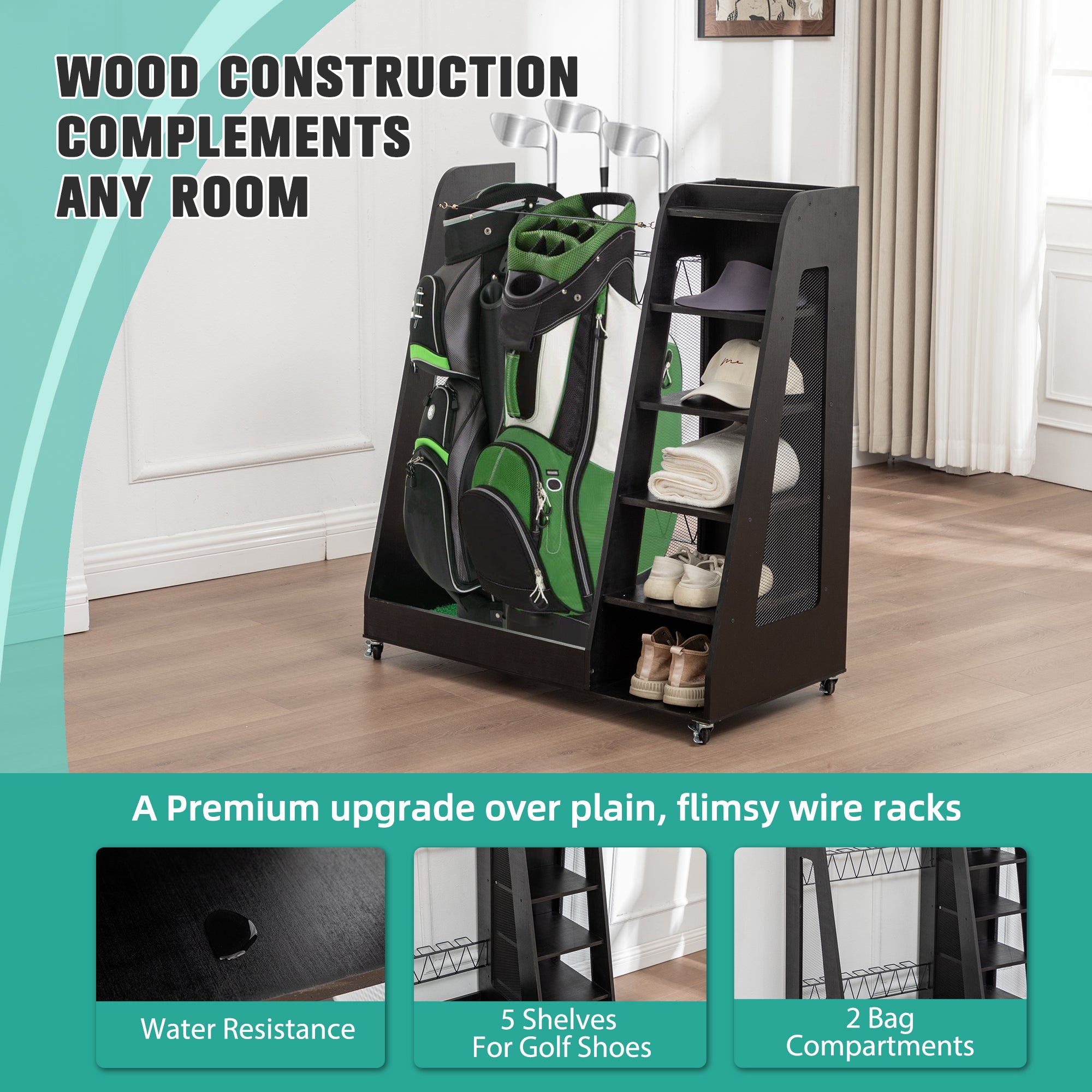 Golf Bag Organizer for Garage, Premium Wooden Golf Clubs Storage Rack Fit 2 Golf Bags, Golf Trunk Organizer for Car Garage Club Shed Basement,Black