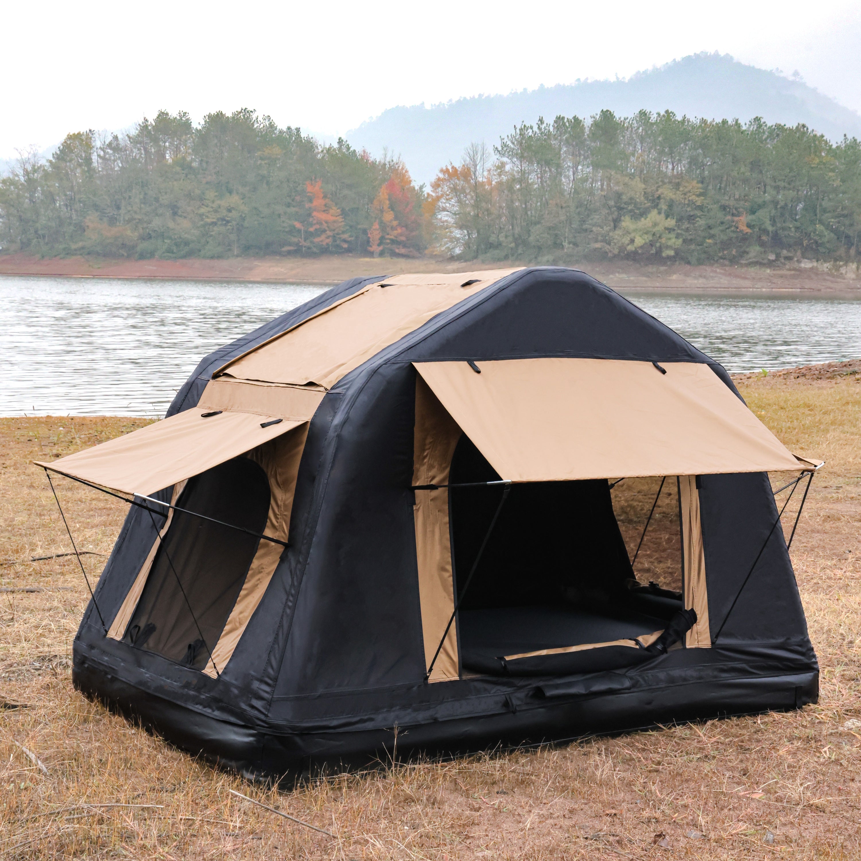Foldable Amphibious Inflatable Roof Top Tent for 2-3 People – Two-Tone Khaki & Black, SUV & Truck Camping Tent (No Ladder)
