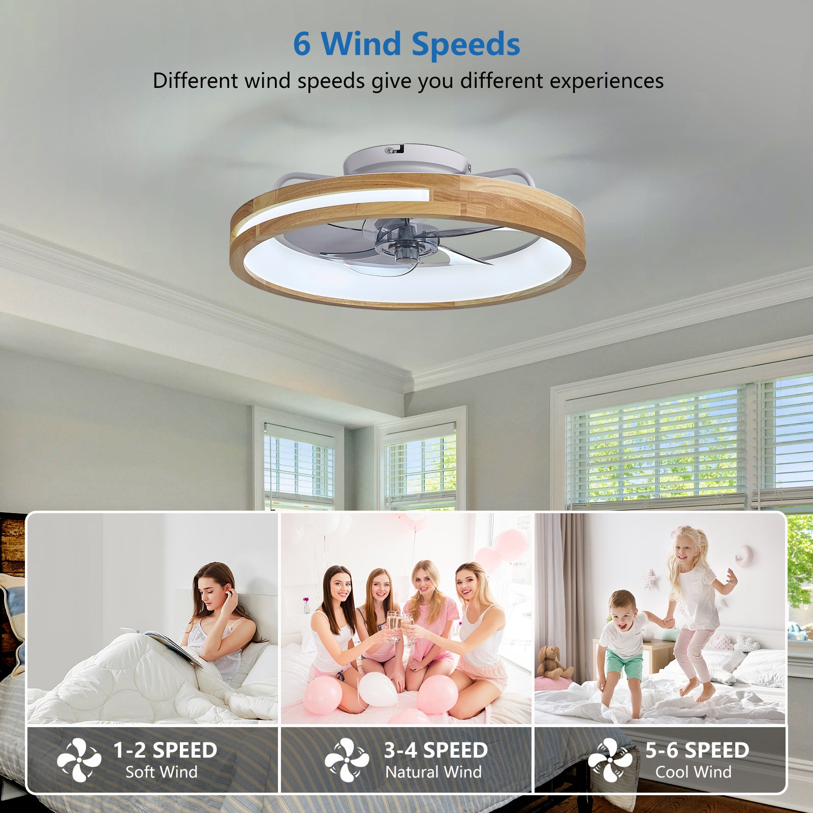 20-Inch Low Profile Ceiling Fan with Lights & Remote | Quiet Wooden Flush Mount Fan