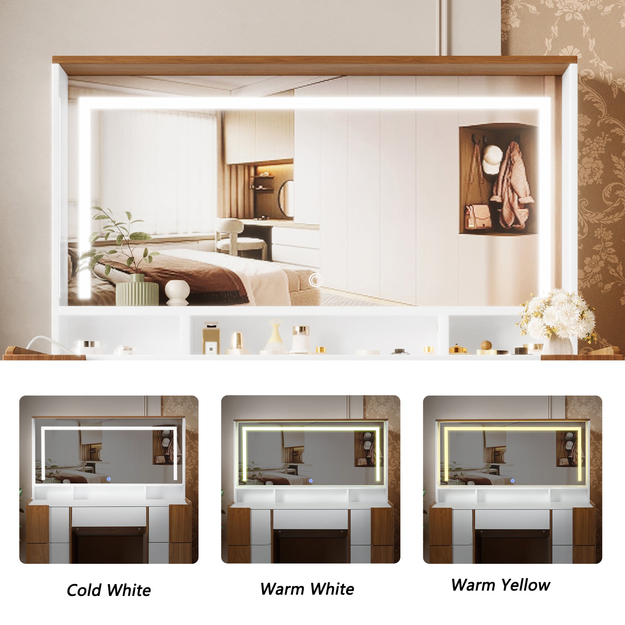 4.4" Elegant Vanity Table with Lighted Mirror & Power Outlet – Makeup Dressing Table with 7 Drawers, Storage Shelves, and Brown Solid Wood-Style Finish