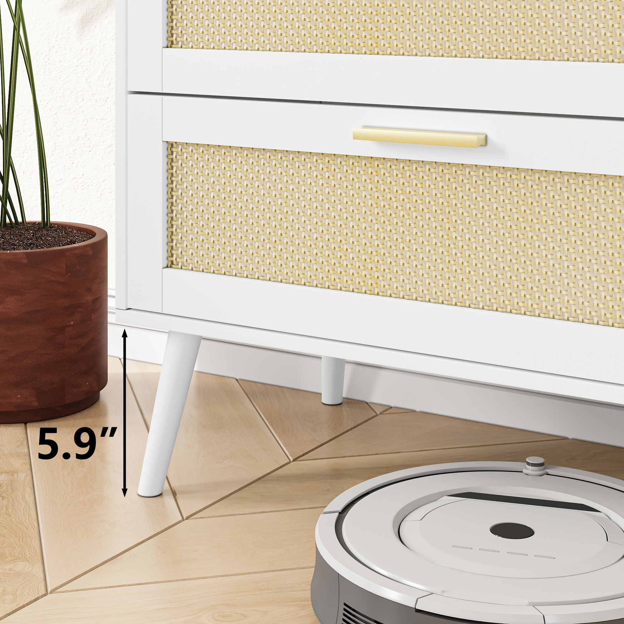 White Rattan 6 Drawer Dresser Chest – Modern Wide Storage Cabinet with Gold Handles for Bedroom, Living Room, Hallway