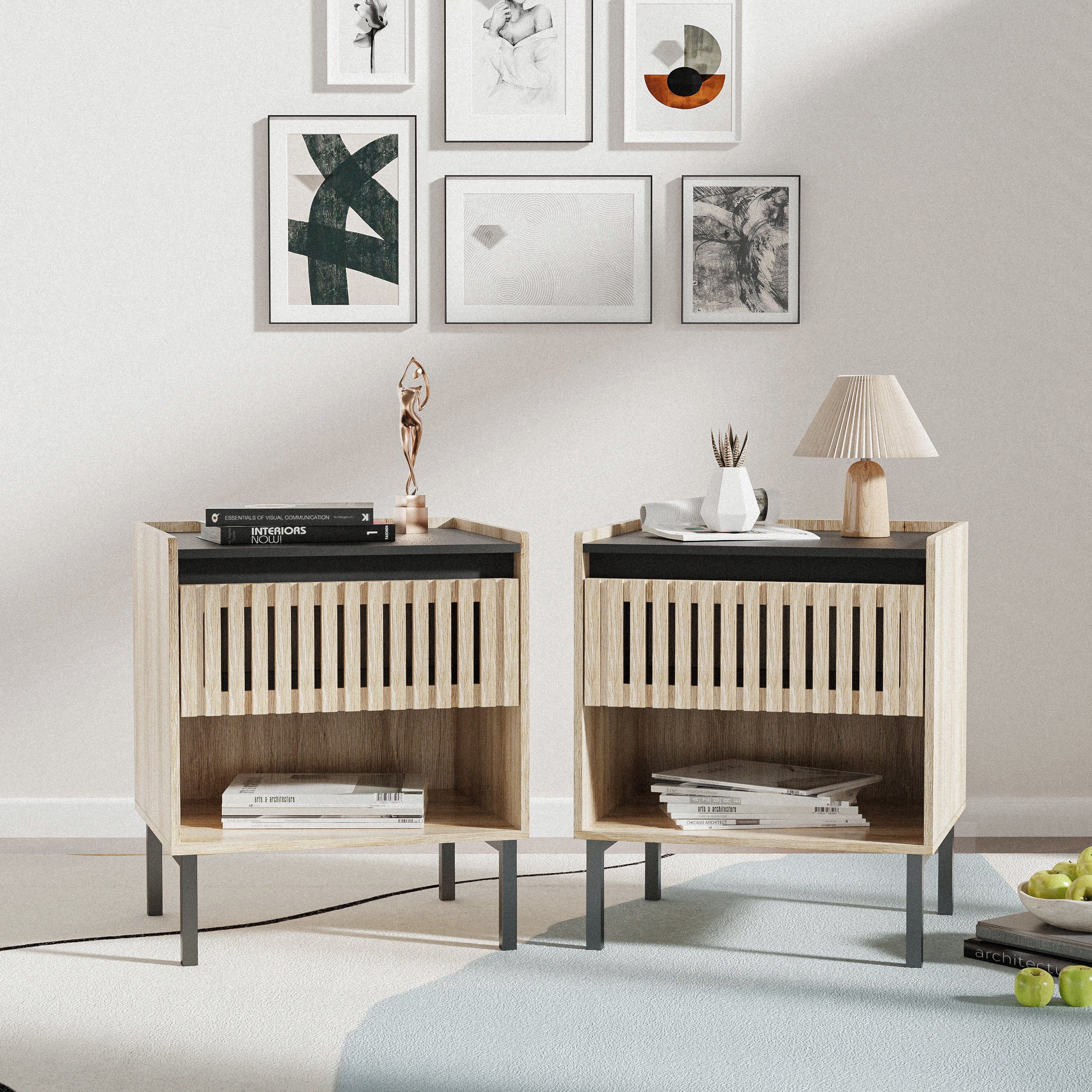 Bedside Cabinet Set of 2 – Modern Minimalist Design with Iron Feet, Vertical Stripe Elements, Quick Assembly, Ideal for Modern Families