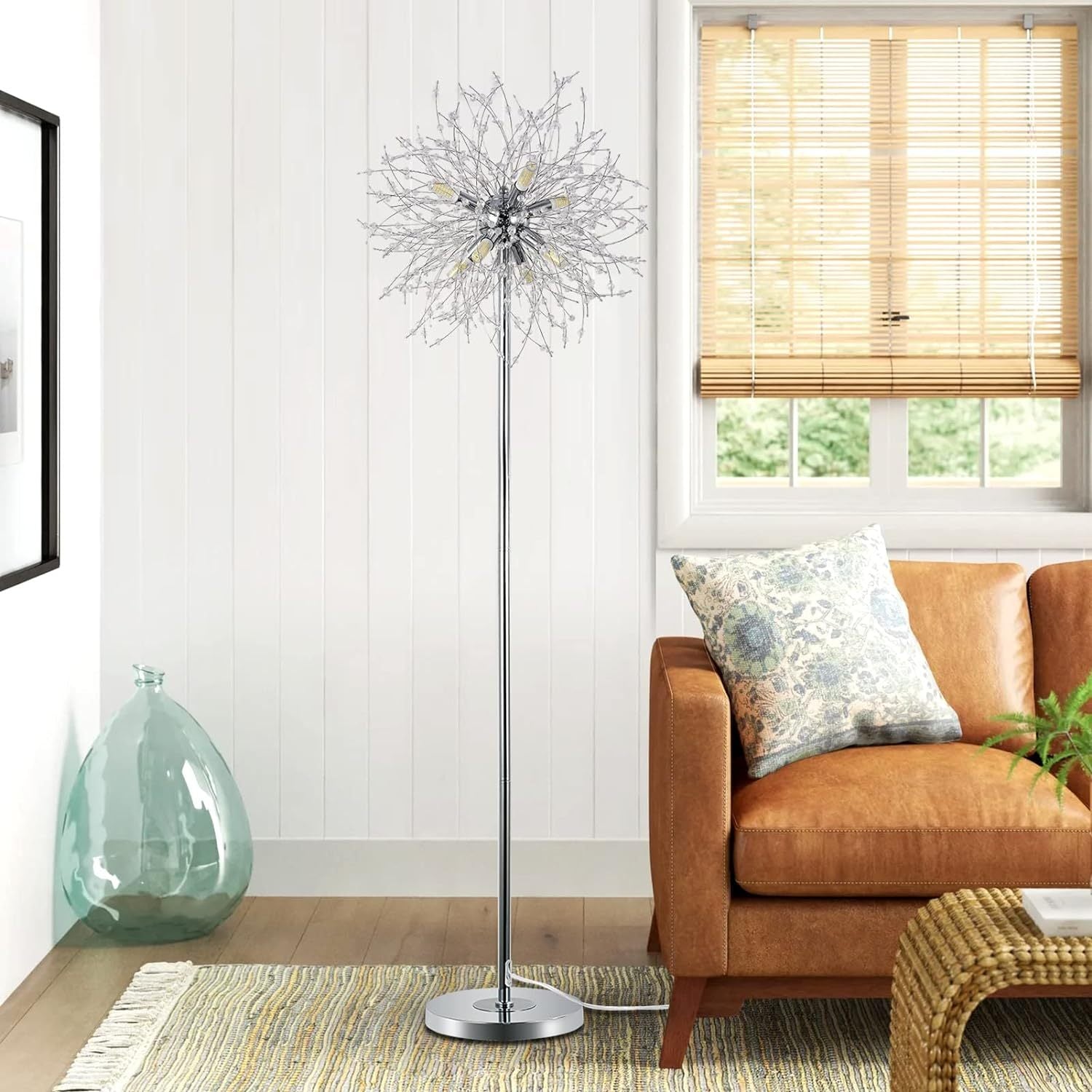 Crystal Floor Lamp for Bedroom, Floor Lamp for Living Room, Elegant Standing Lamp, 69" Tall Pole Lamp, Modern Floor Lamp for Room Decor, 32 Firework Crystal Harnesses Included, Chrome Finish