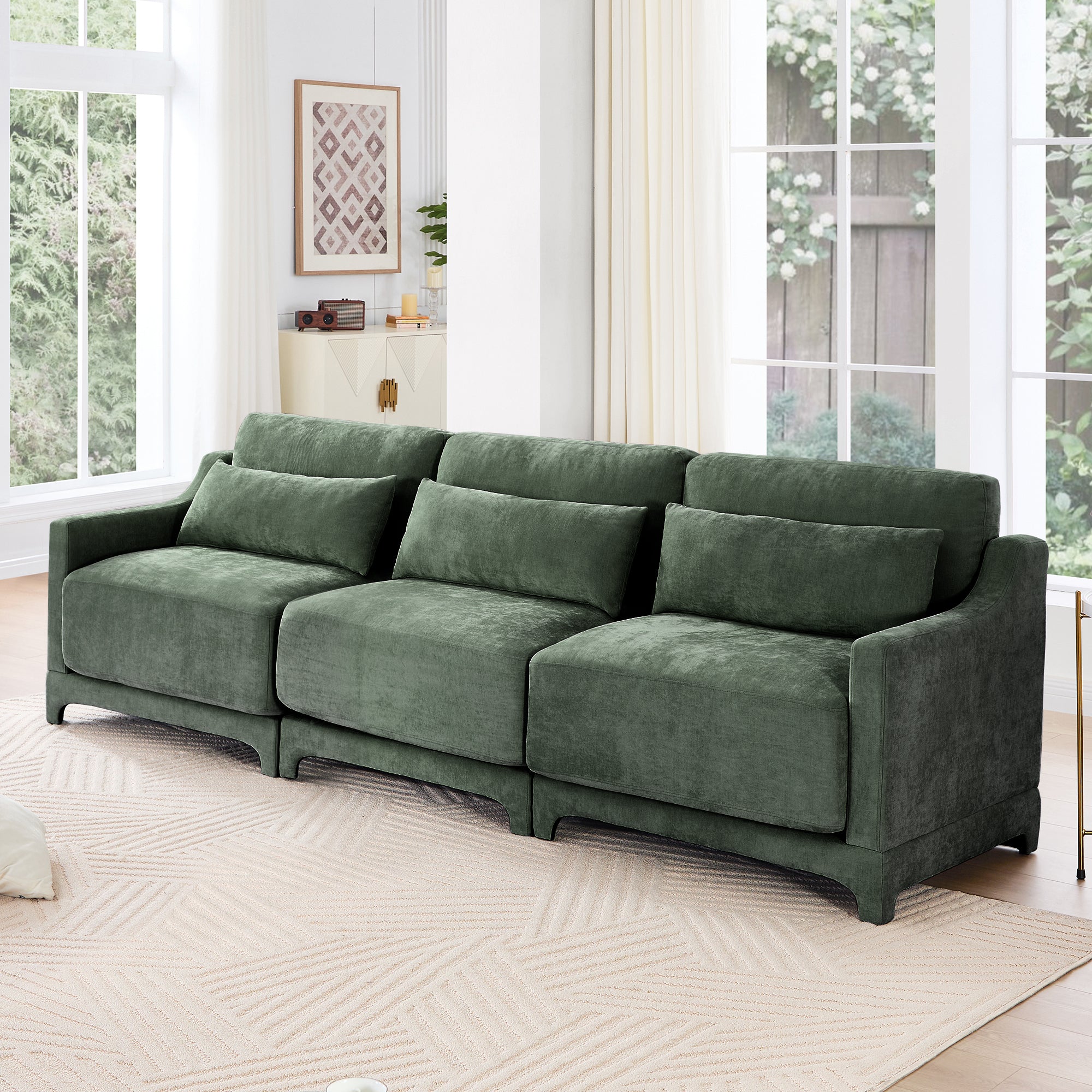 Green Three-Seater Sofa with Lumbar Pillow – Chenille Upholstery, Ergonomic Design, Wooden Base, High-Resilience Sponge, Elegant Armrests – Easy Assembly – Ideal for Bedrooms, Studies, Hotels, and Apartments