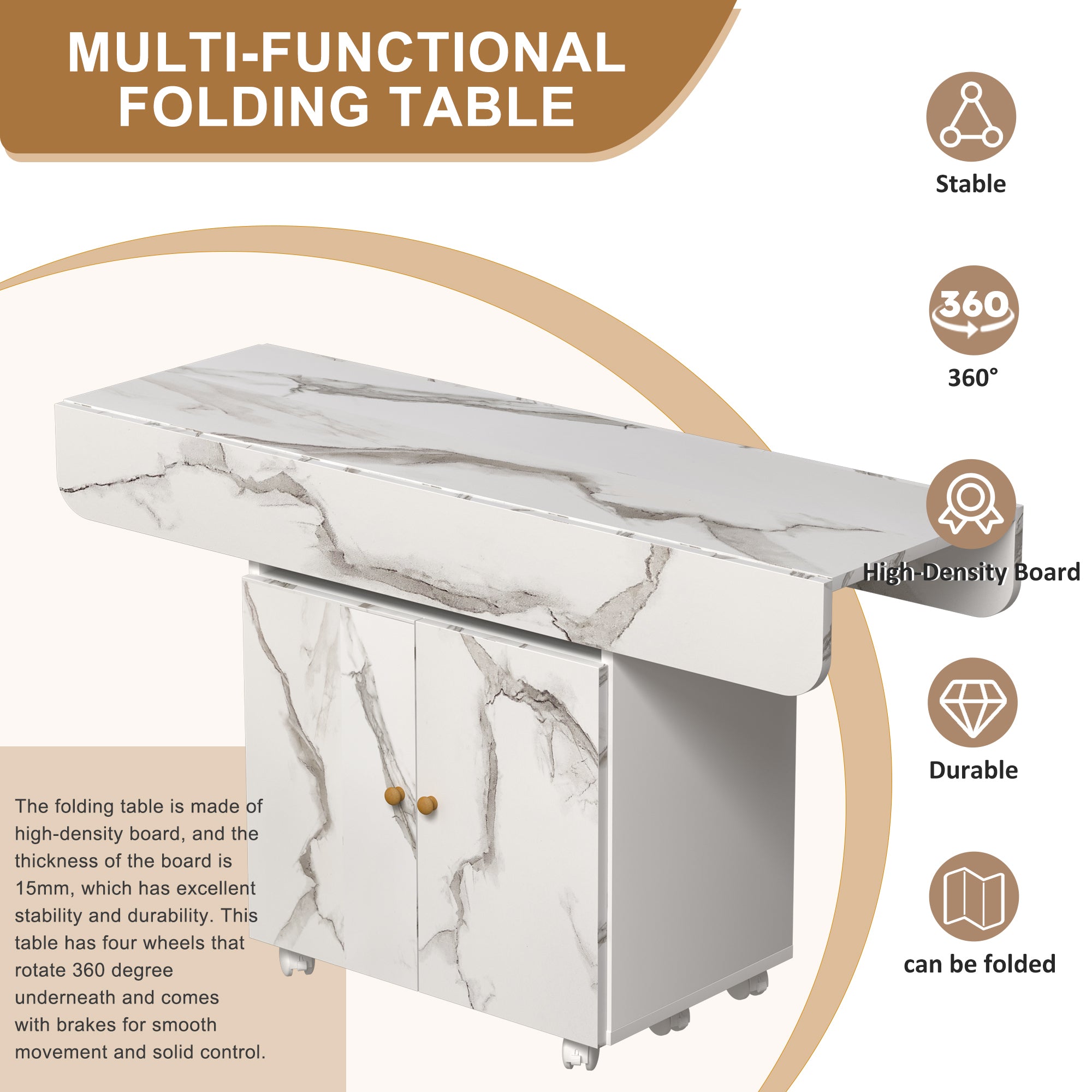 47" Wood Folding Dining Table with Storage Rack and Cabinet, Removable Entryway Table on 6 Wheels, White Marble Kitchen Island, Side and Coffee Table, Space-Saving Versatile Design