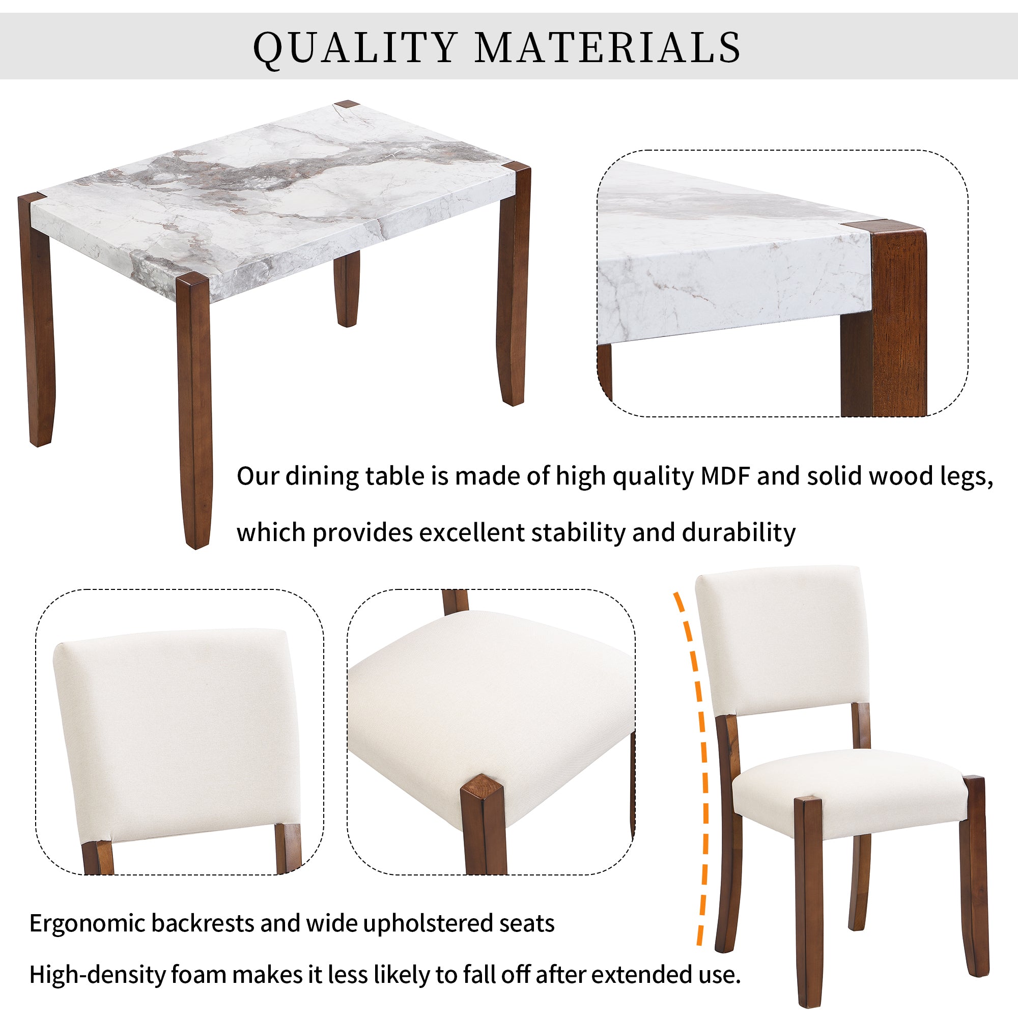 4-Piece Modern Dining Furniture Set, Space-Saving 4-Person Dinette for Kitchen, 46" Faux Marble Style Table with 2 Upholstered Chairs and Bench with Wood Legs
