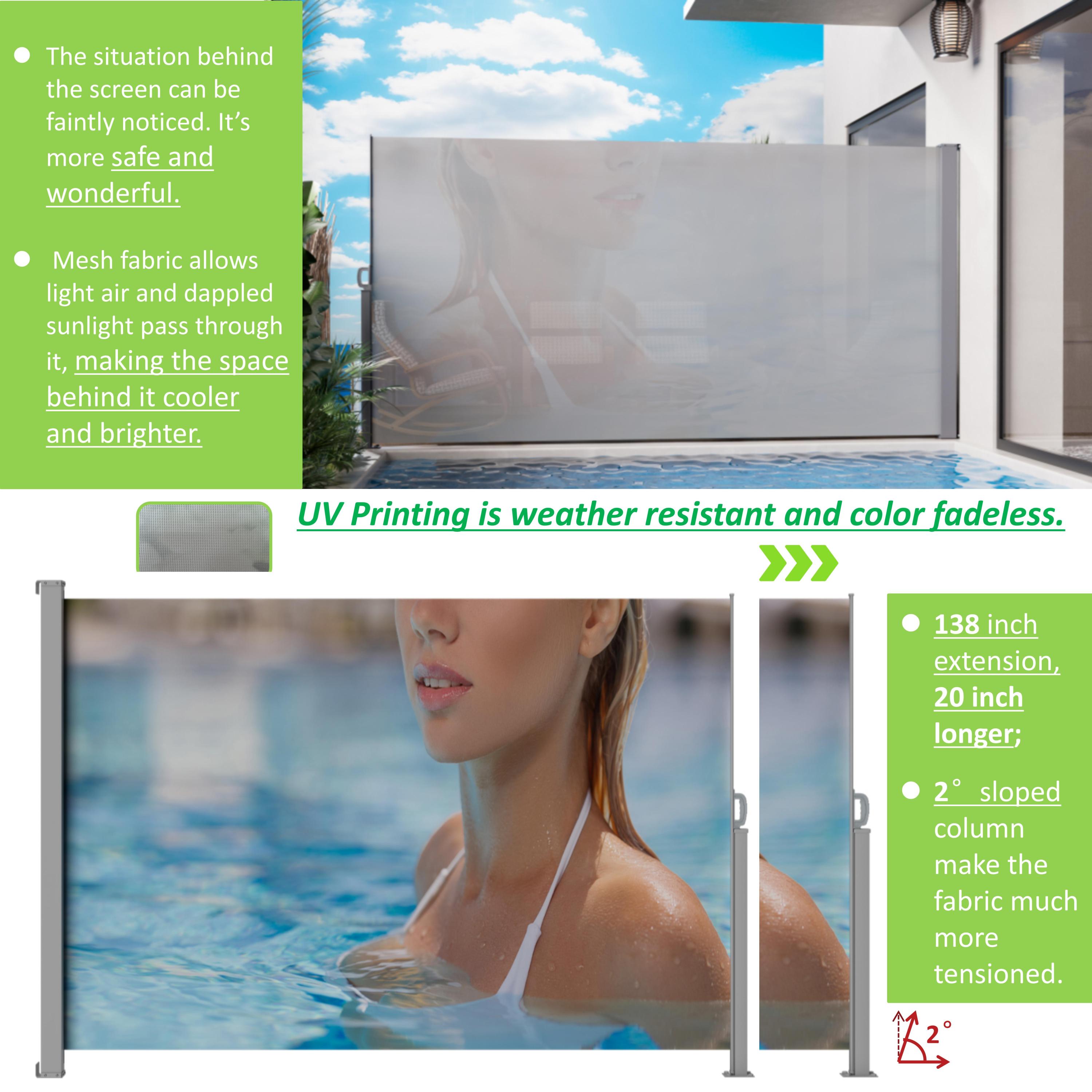 71'x138' Retractable Side Awning, Semi-transparent with UV printing,UPF50+, Ideal for blocking dust,sunshine and wind, Creating private space for garden,balcony and swimming pool.