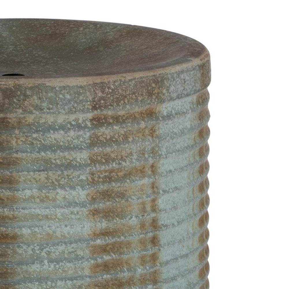 44' Tall Large Modern Cylinder Ribbed Tower Water Fountain, Contemporary Antique Finish Outdoor Bird Bath Concrete Fountain