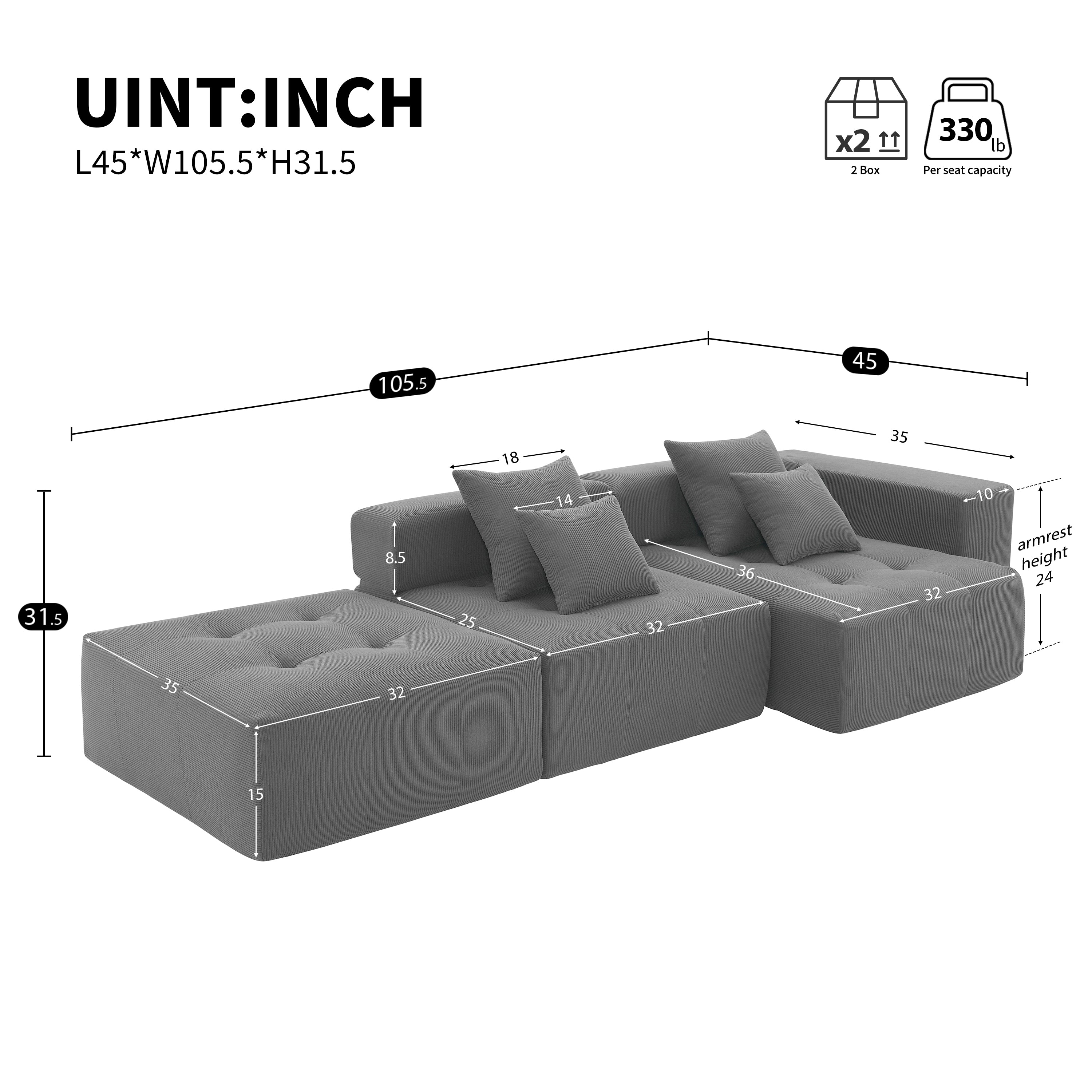 [VIDEO+New]105.5''L Shaped Modular Sectional Sofa,Minimalist Corduroy Floor Couch Set,Convertible Foam-Filled Cloud Compressed Couch for Living Room,3 PC Free Combination,No Assembly Required,3 Colors