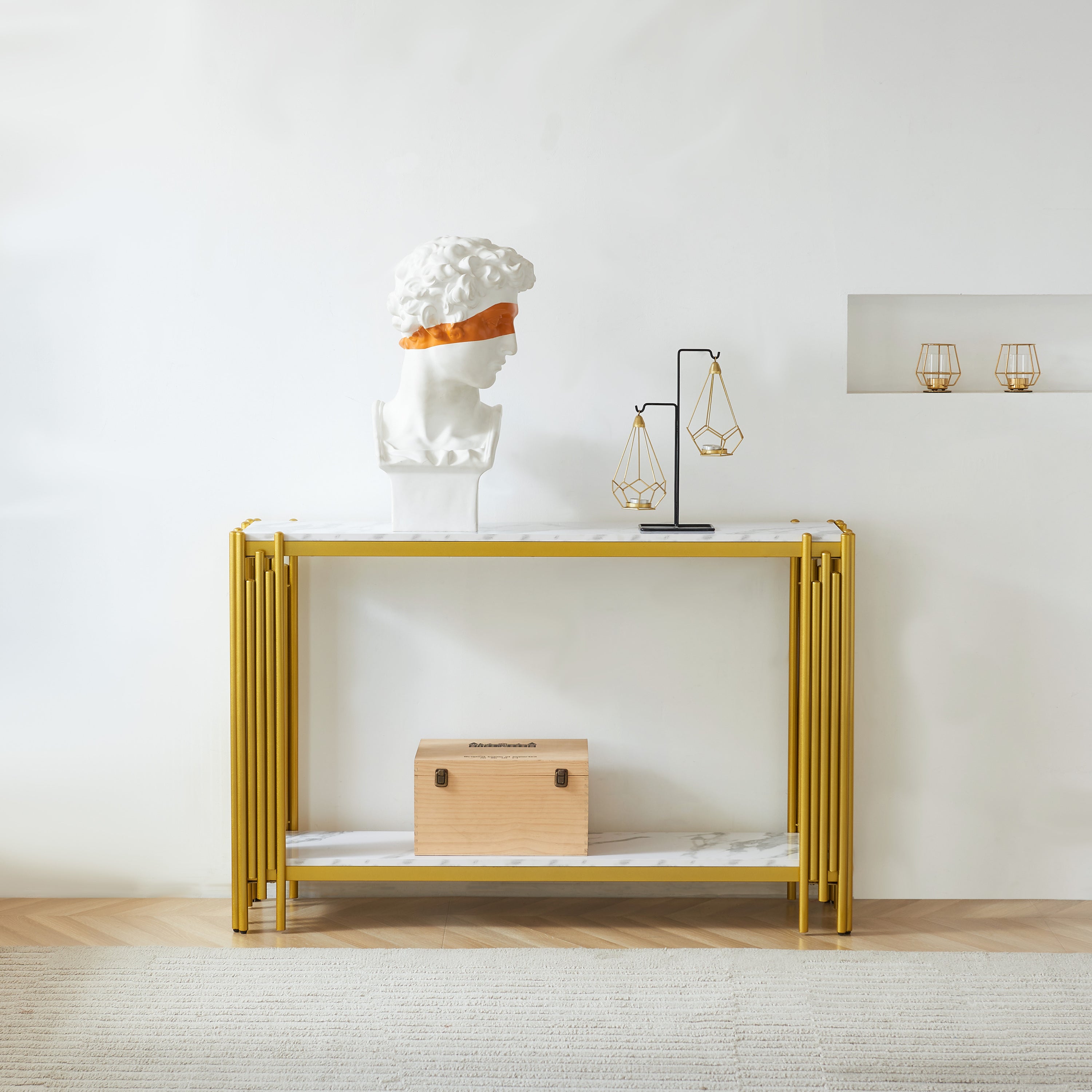 2-Tier Faux Marbling Console Table, Modern Narrow Entryway Table with Adjustable Feet, Living Room Sofa Table, Hallway Entrance Table, Gold