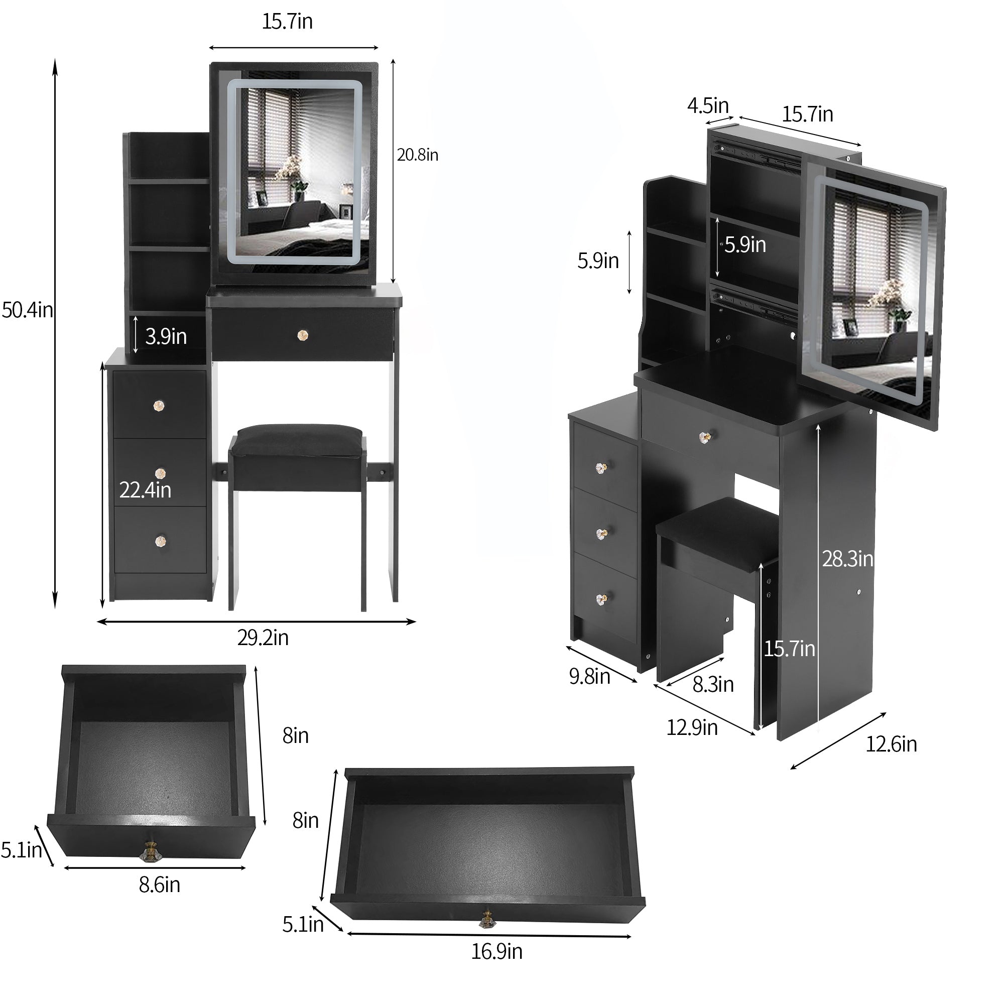 Small Vanity Table with Sliding LED Mirror | 29.2" Space-Saving Bedside Cabinet & Cushioned Stool