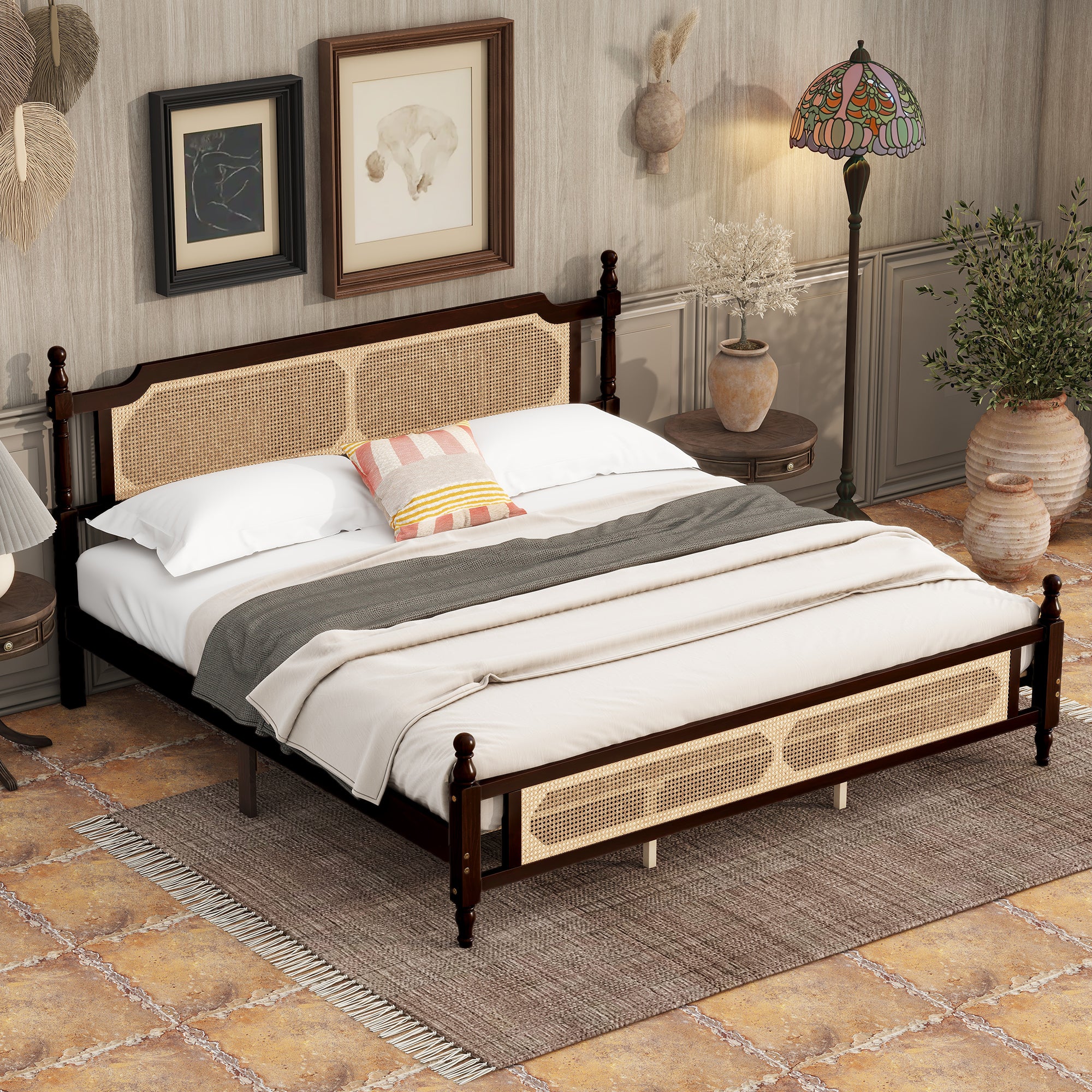 King Pine Wood Bed - Rattan Headboard & Footboard, Espresso Finish
