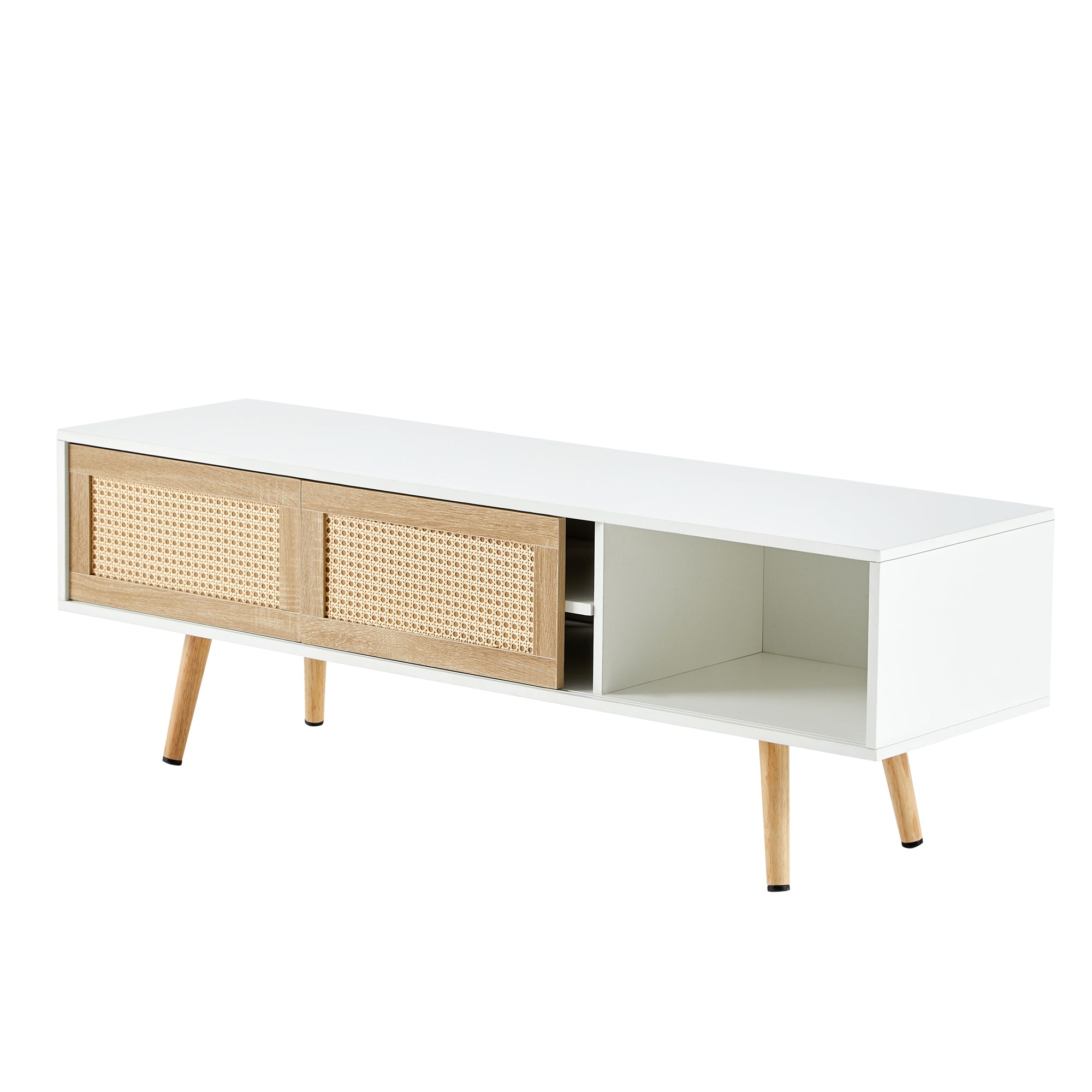 55.12" Rattan TV cabinet, double sliding doors for storage,  adjustable shelf, solid wood legs, TV console for living room , White