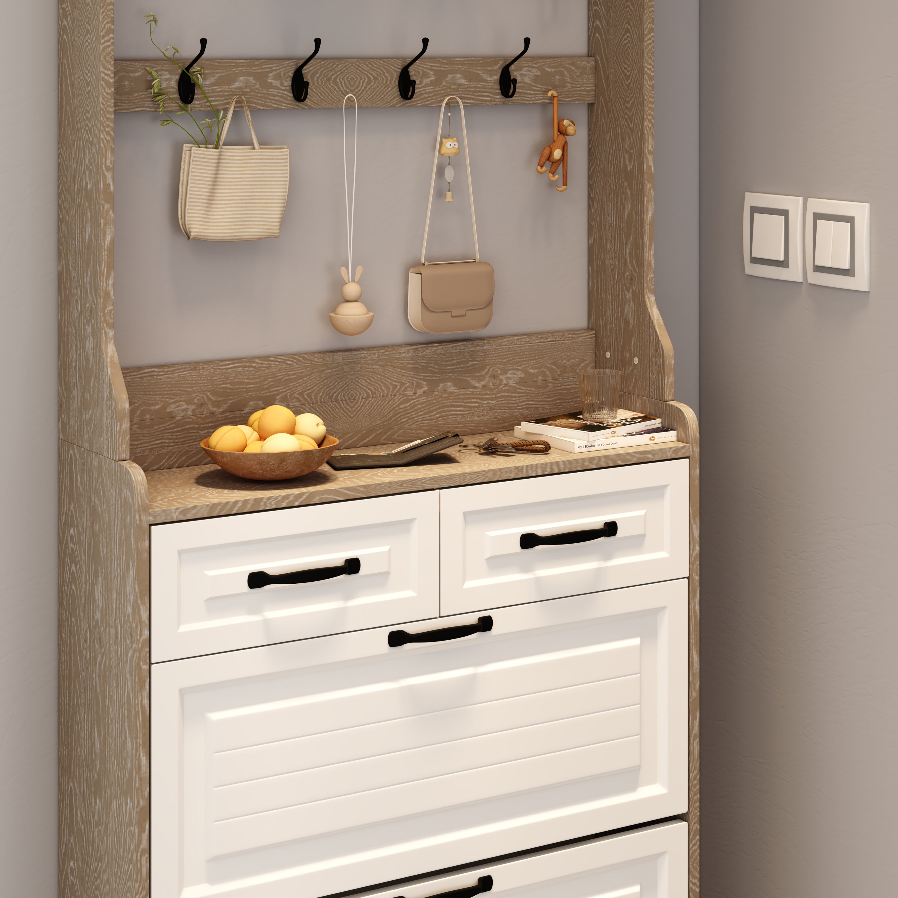 New Oak Color Shoe Cabinet with 3 Doors, 2 Drawers, and Hanger, Large Storage Space for Shoes and Accessories