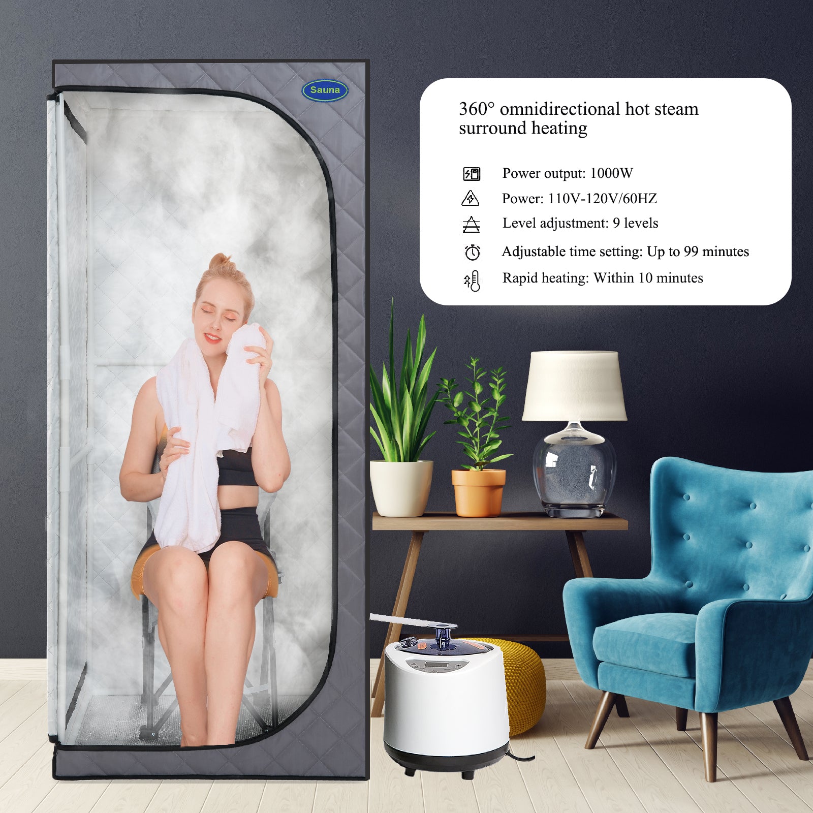 Full Size Portable Grey Steam Sauna Tent – Personal Home Spa with Steam Generator, Remote Control, Foldable Chair, Timer, PVC Pipe Connector, Fast Heating, FCC Certified