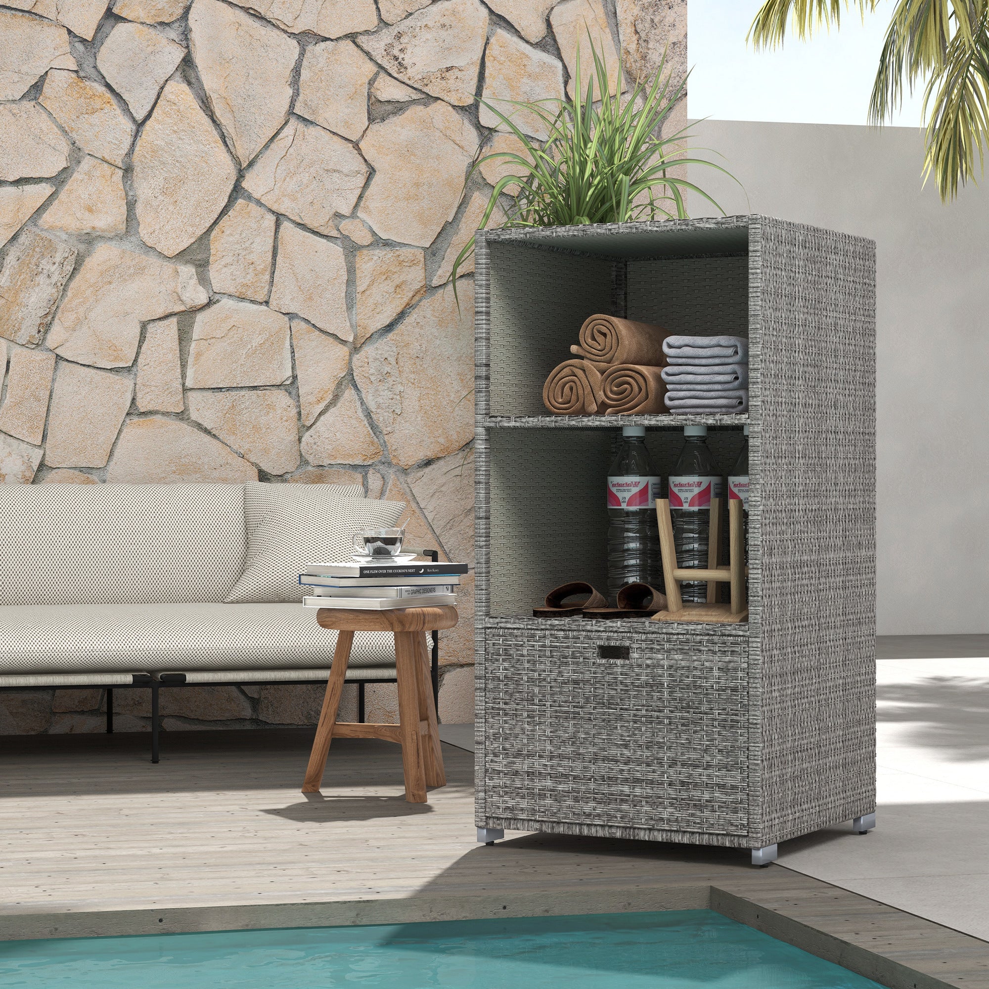 Outsunny Waterproof Rattan Wicker Pool Towel Rack | 2-Shelf Outdoor Spa Storage