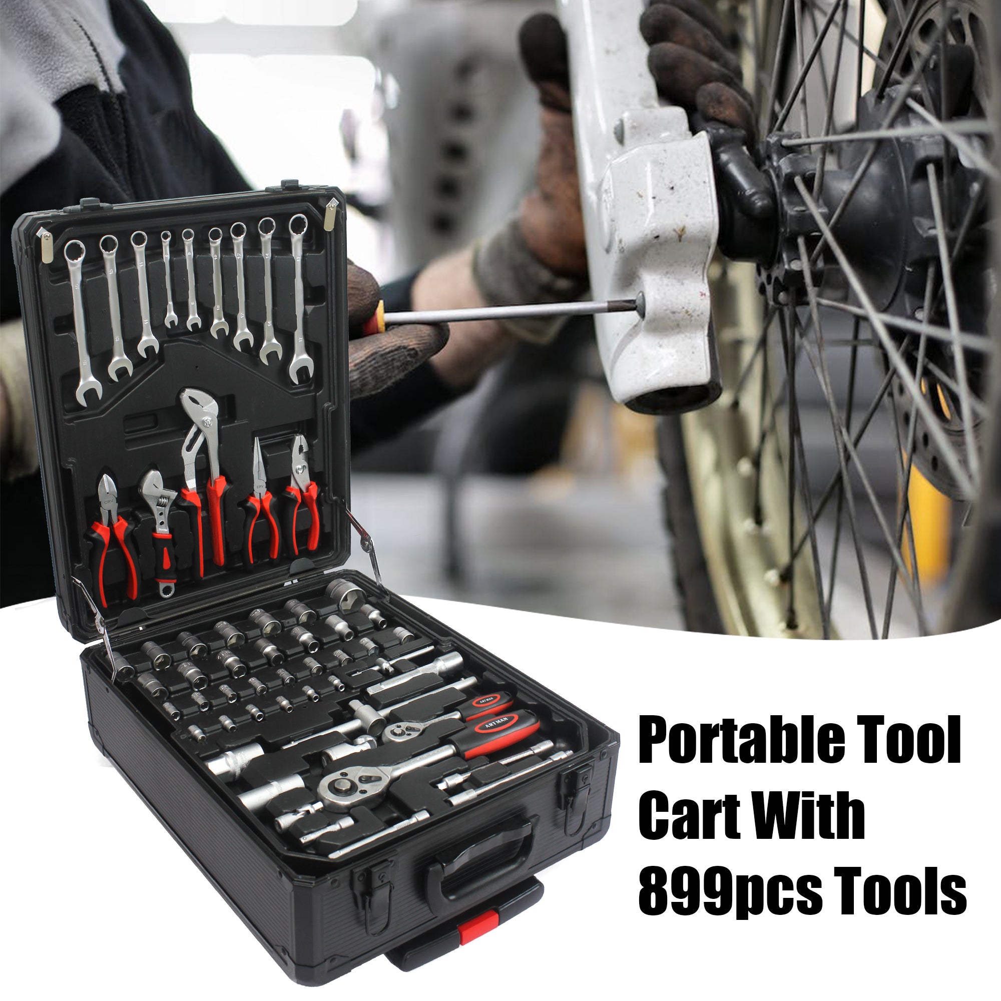 899-Piece Home Repair Tool Set with Rolling Plastic Toolbox, 4 Drawers, General Household Maintenance Kit for Garden, Homeowner, Handyman, Black