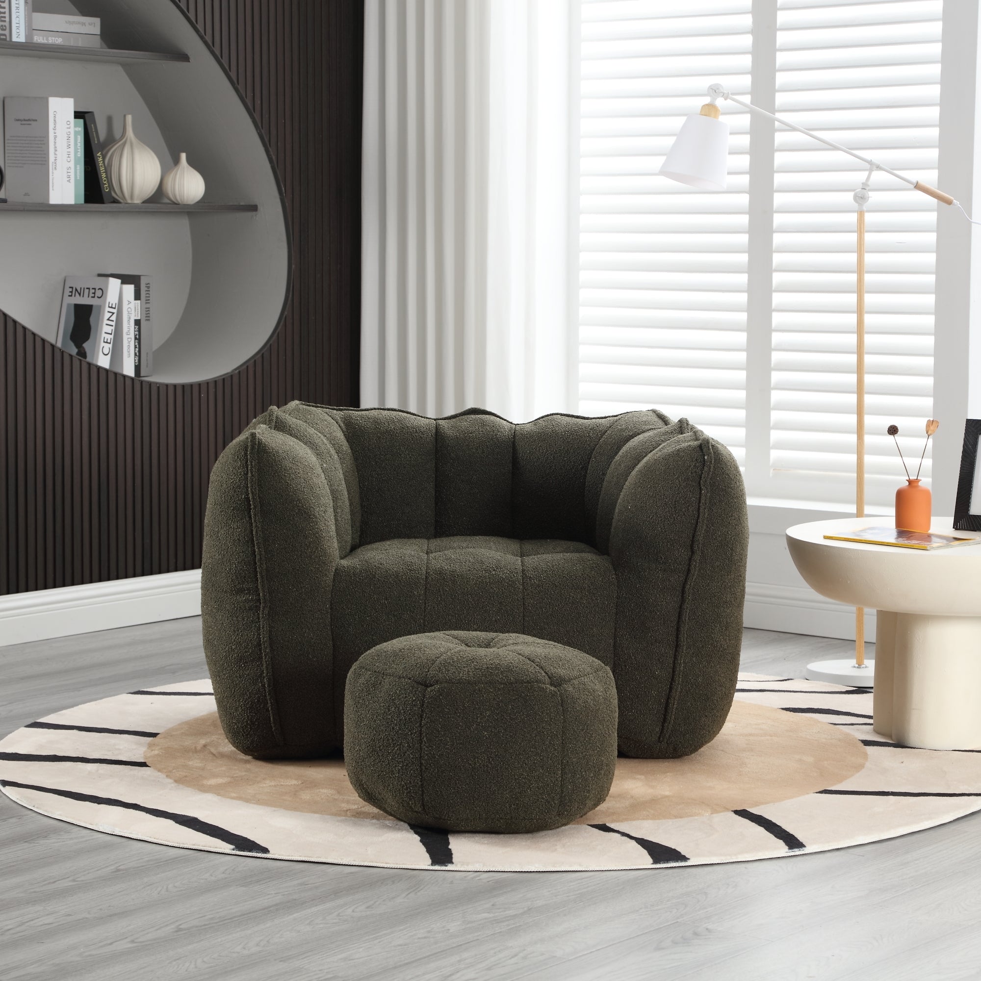 Soft Chenille Bean Bag Chair with High Resilient Foam for Living Room and Bedroom, Comfortable Square Lazy Sofa with Footstool for Adults