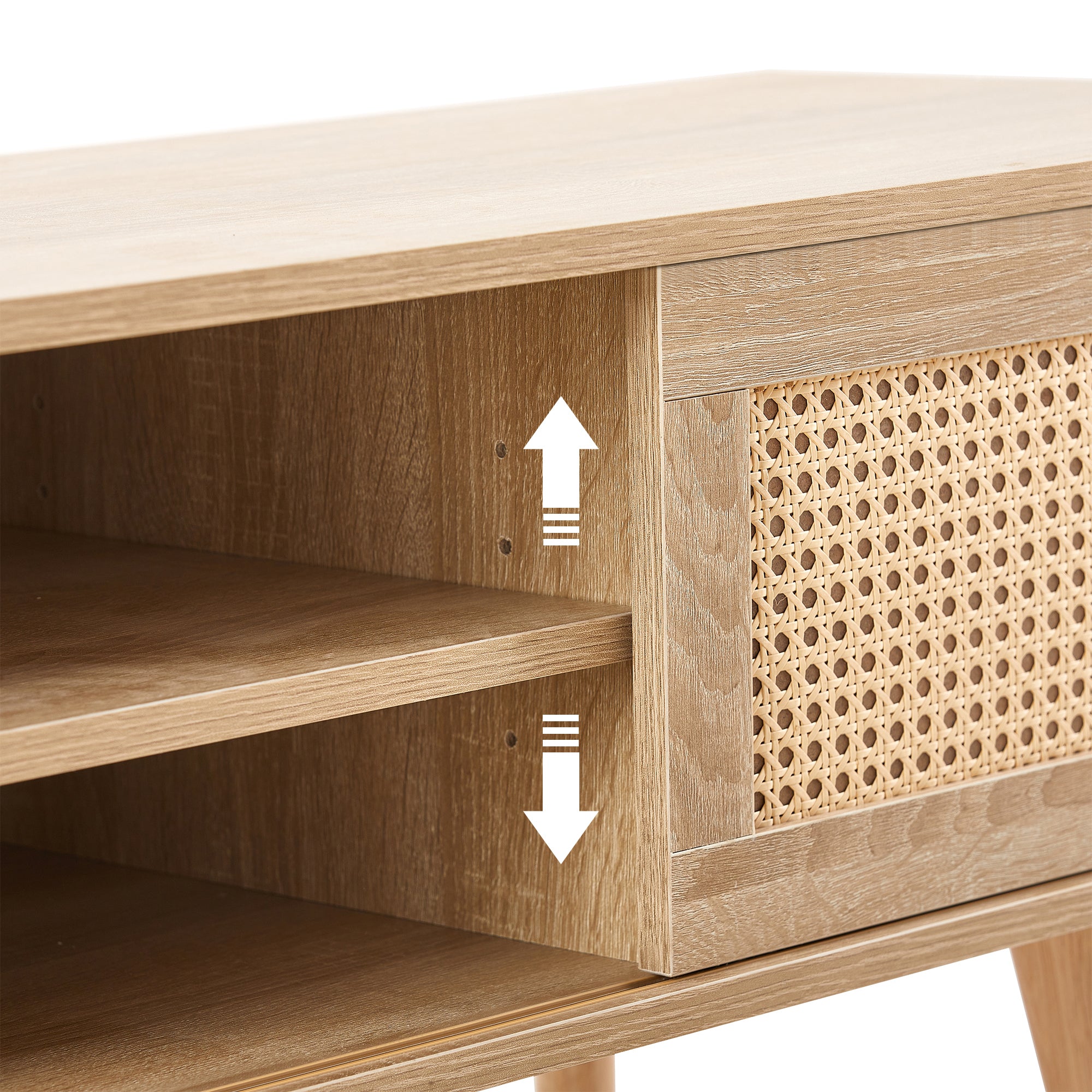 55.12" Rattan TV Cabinet with Double Sliding Doors, Adjustable Shelf & Solid Wood Legs – TV Console for Living Room, Natural