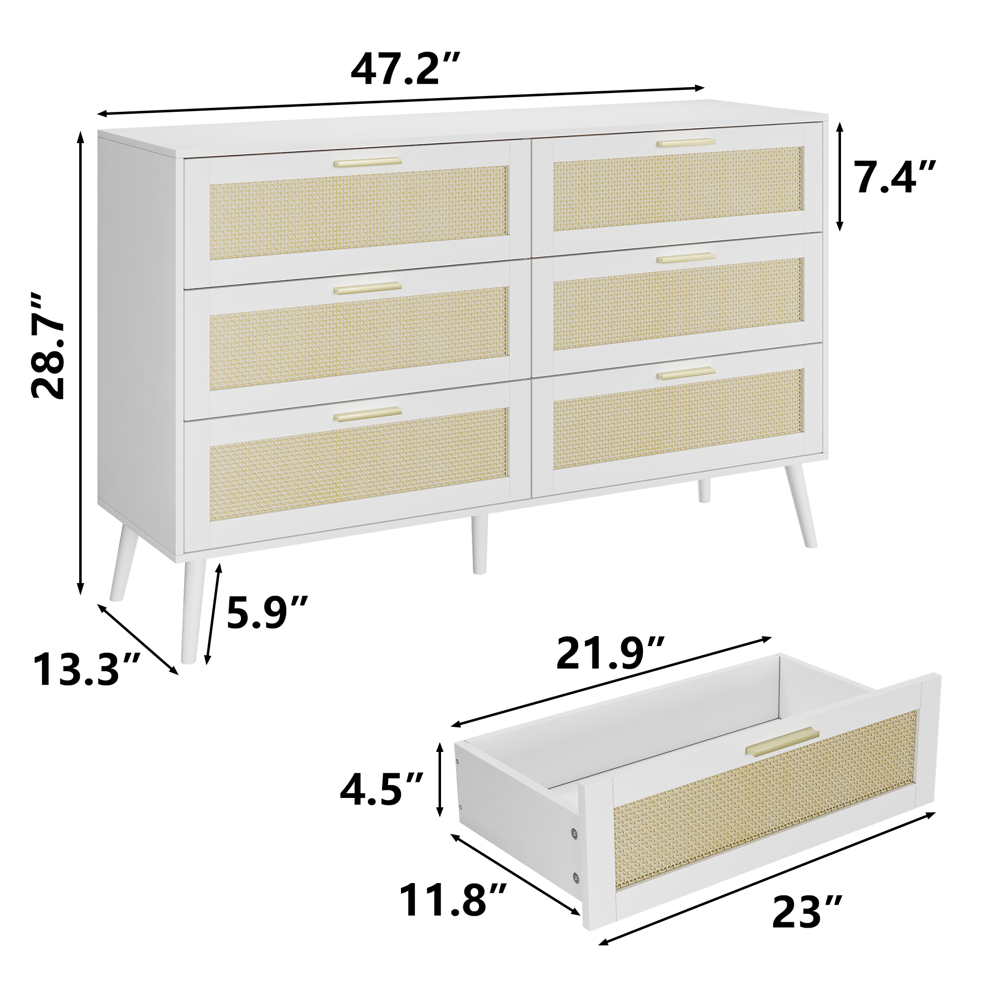 White Rattan 6 Drawer Dresser Chest – Modern Wide Storage Cabinet with Gold Handles for Bedroom, Living Room, Hallway