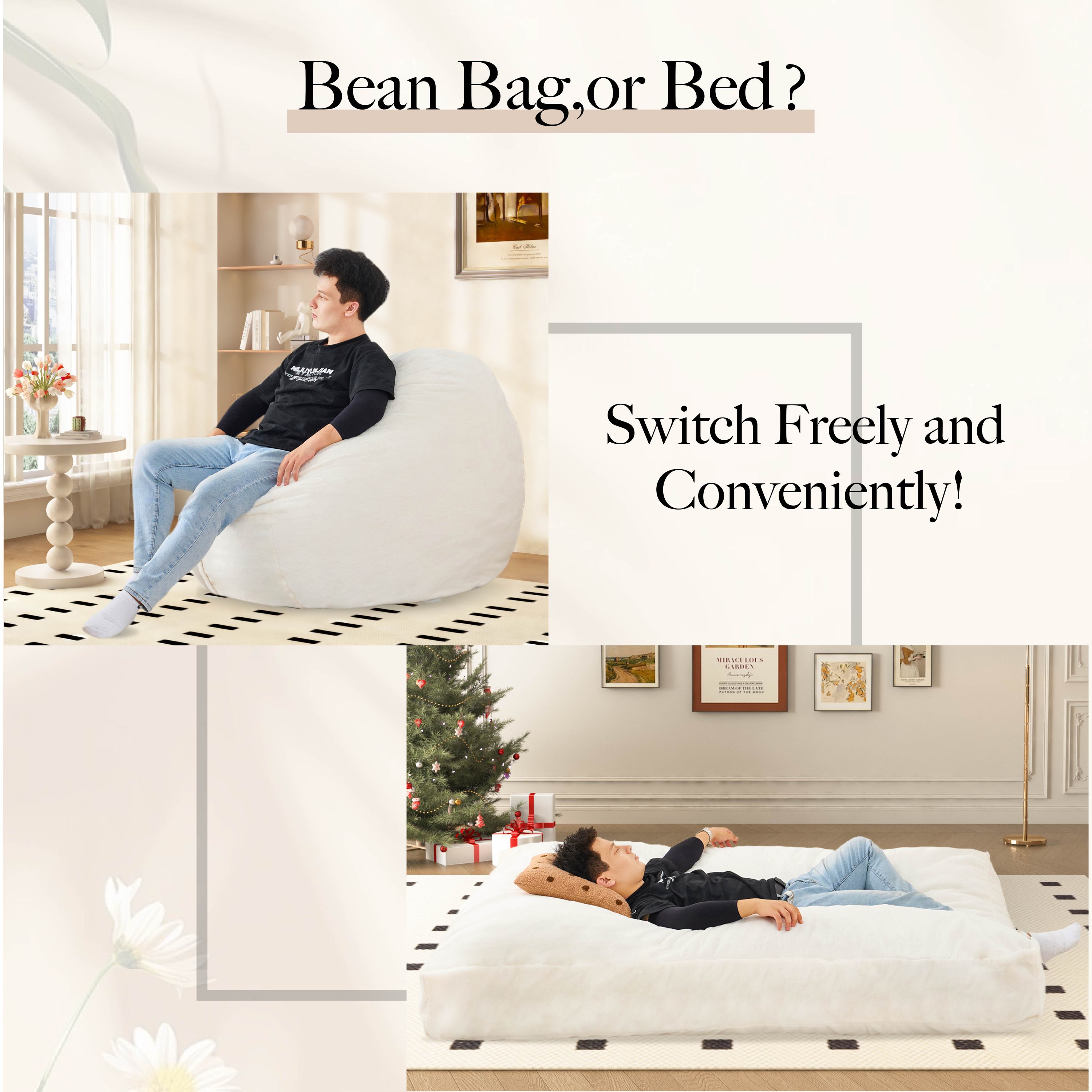 Giant Bean Bag Chair Bed for Adults, Convertible Beanbag Folds from Lazy Chair to Floor Mattress Bed, Large Floor Sofa Couch, Big Sofa Bed, High-Density Foam Filling, Machine Washable