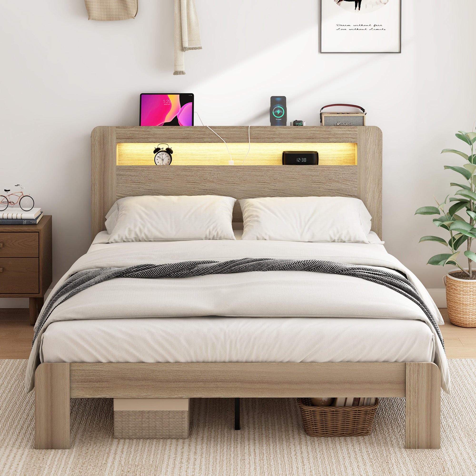  Queen Size Bed Frame with LED Headboard, USB & Storage | Dark Gray Wood Platform