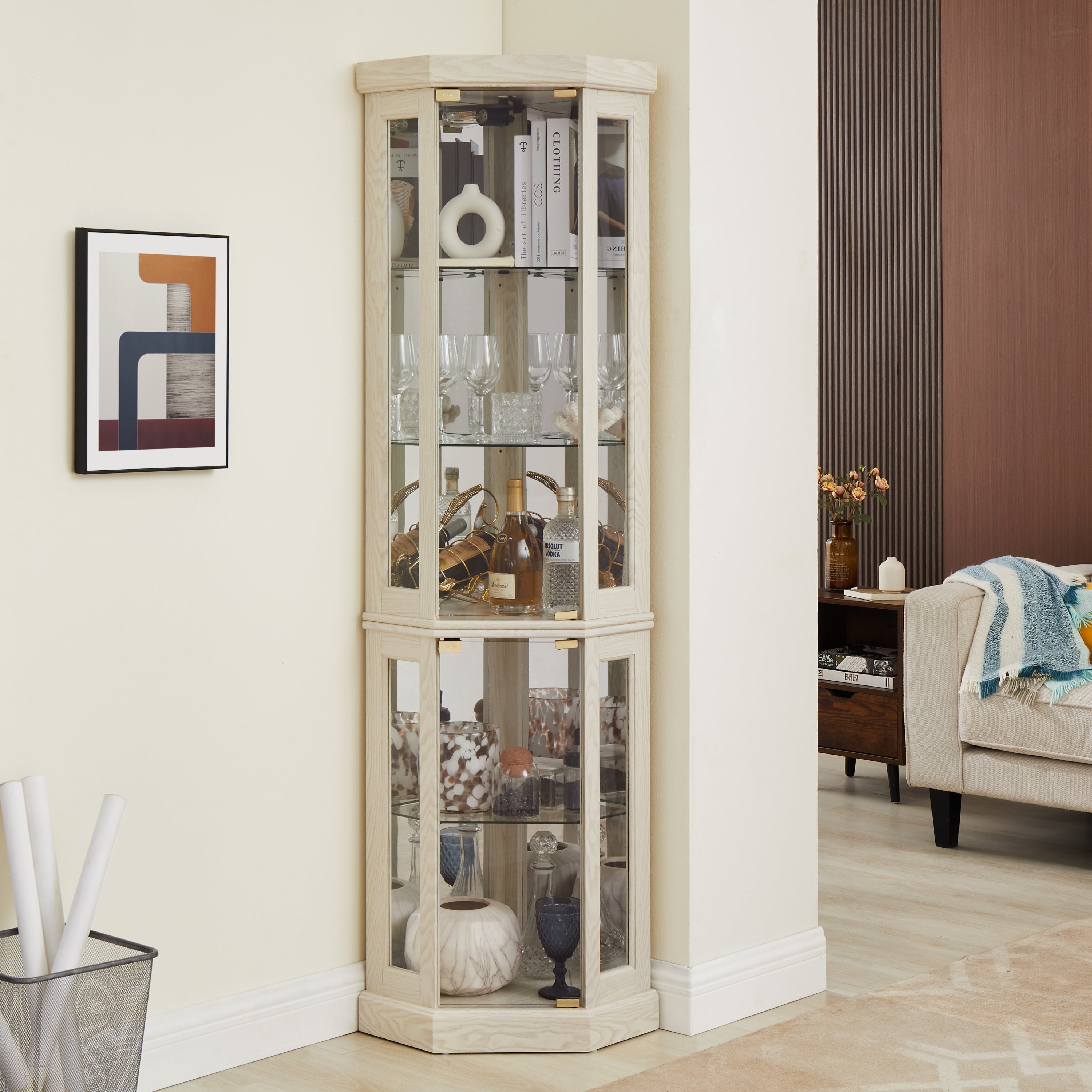 Corner Glass Cabinet Lighted Curio Cabinet – Corner Display Case for Living Room, Antique Collection, Wine, Bar Glass Storage with Light, Antique White