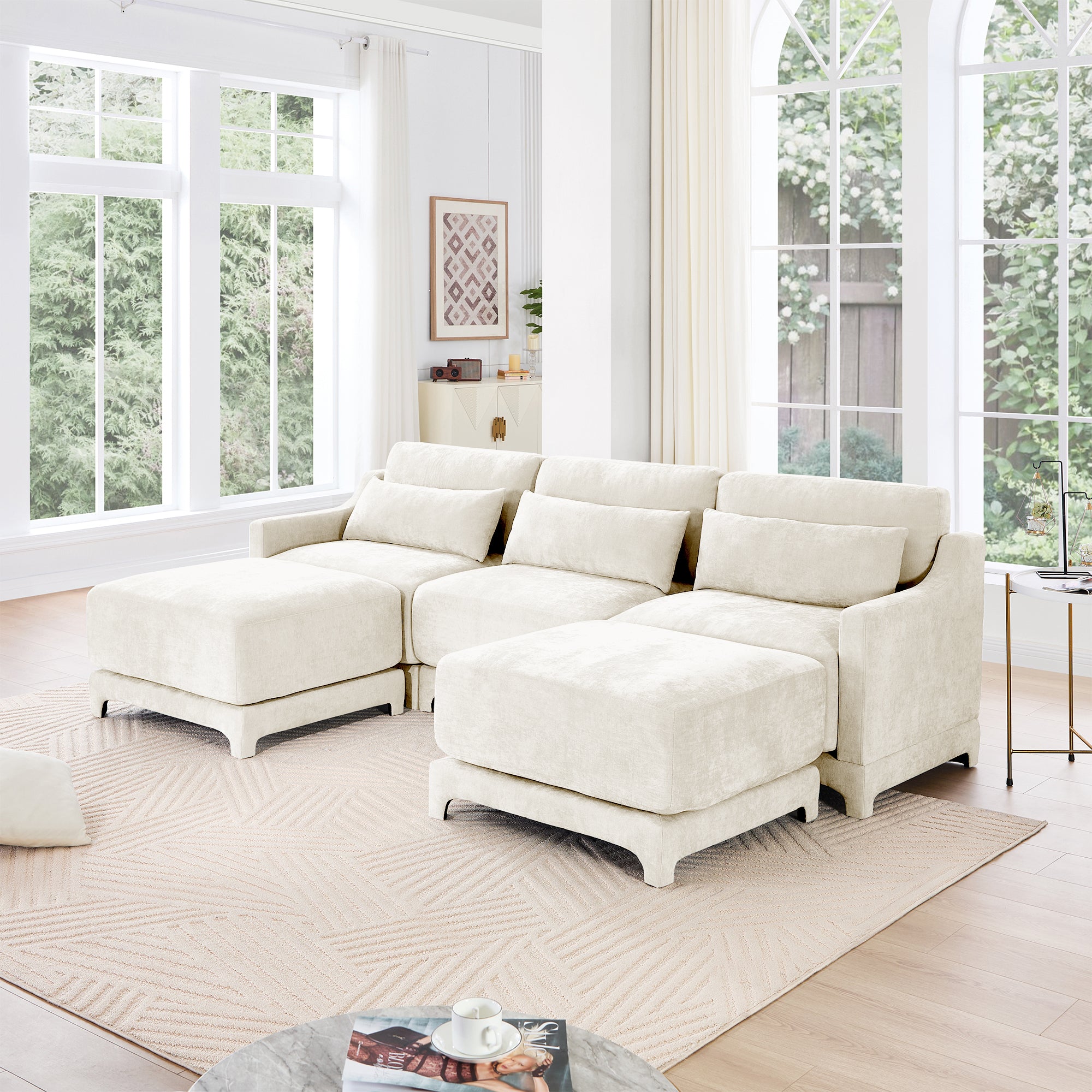 Three-Seater Sofa with 2 Movable Ottomans & Lumbar Pillow – Beige Chenille Fabric, High-Resilience Sponge, Wooden Base, Elegant Armrests, Easy Assembly – Ideal for Living Rooms & Studies