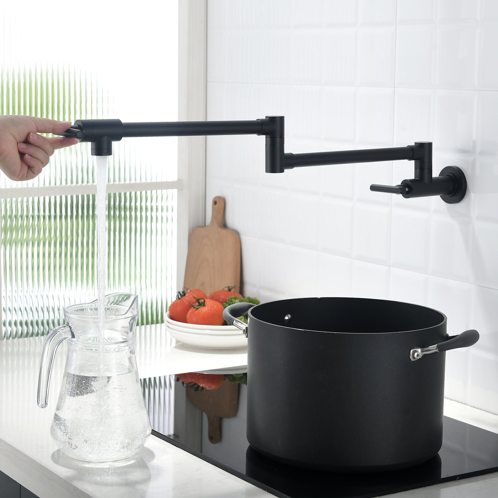 Wall Mount Commercial Pot Filler Faucet | Blackened Brass Copper Kitchen Folding Faucet with Double Joint Swing Arm
