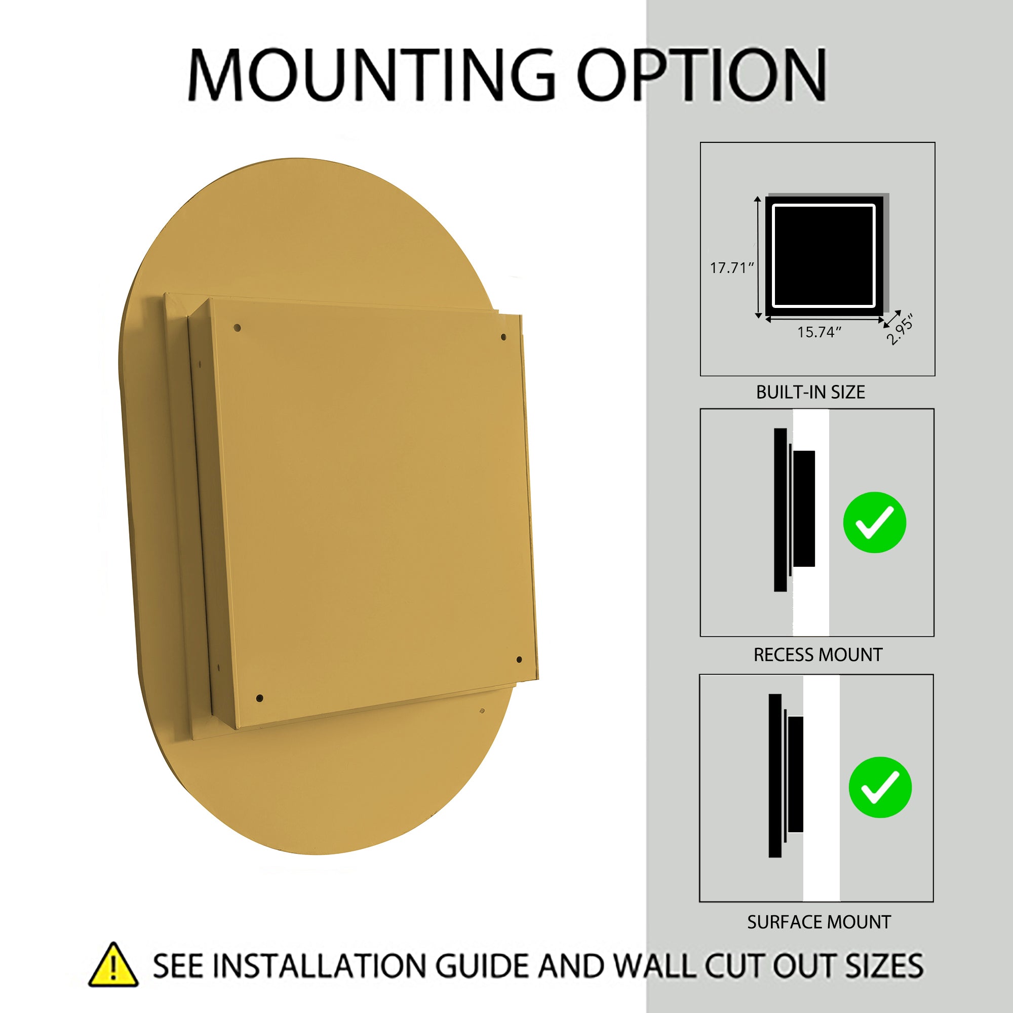 20x34" Oval Recessed Medicine Cabinet, Metal Framed Bathroom Wall Cabinet with Mirror, Adjustable Shelves, Matte Gold Wall Mirror with Storage for Bathroom