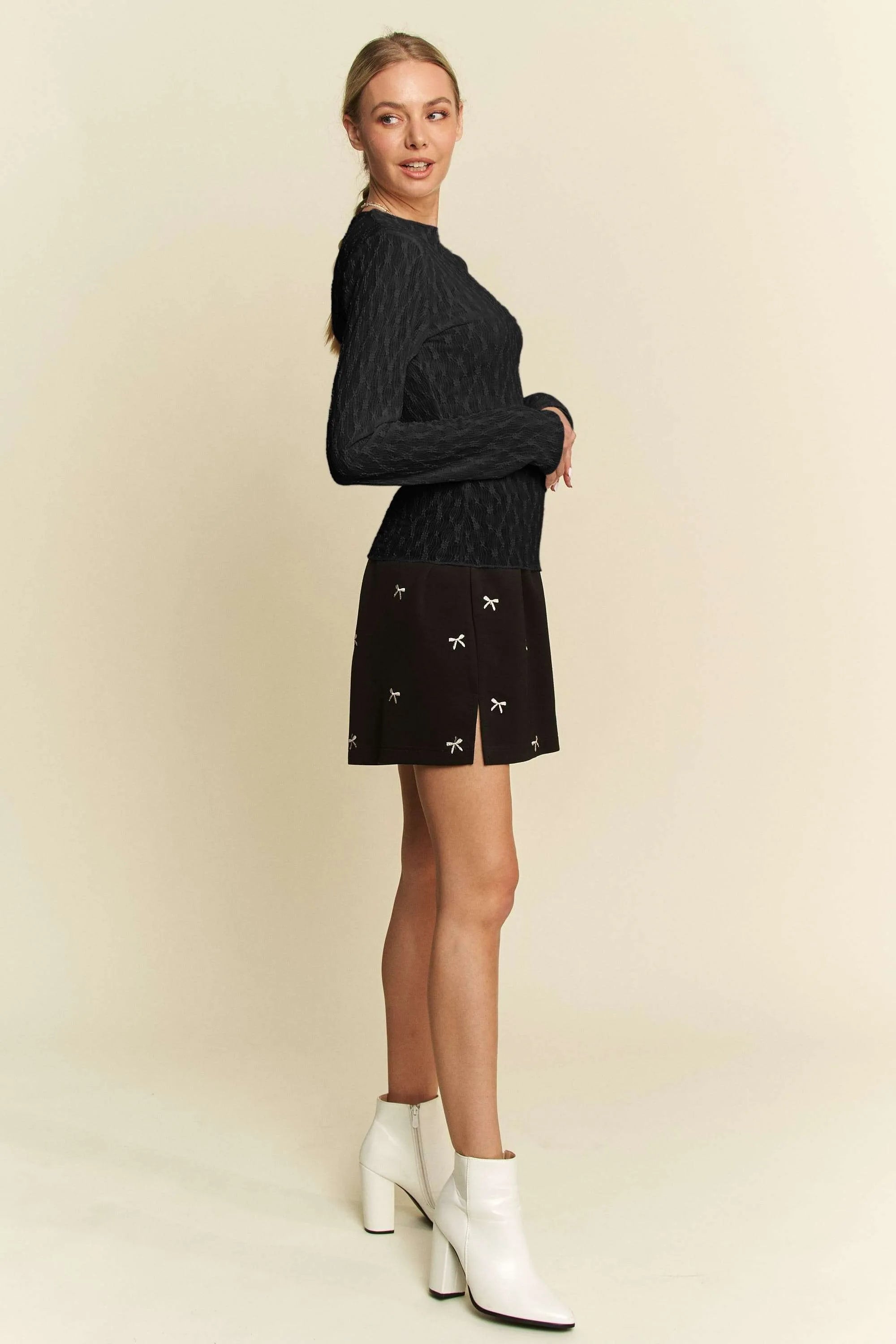 Davi & Dani Long Sleeve Sheer Small Embroidered Bows Lace Top
