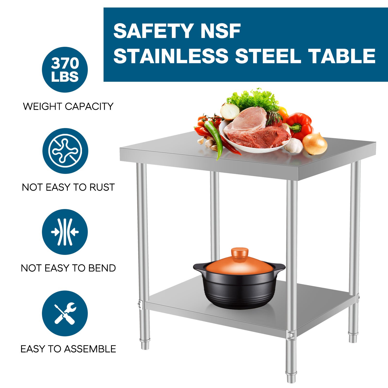 48''*24'' Commercial Work Table for Restaurant and Home Stainless Steel Kitchen Prep Table with Under Shelf
