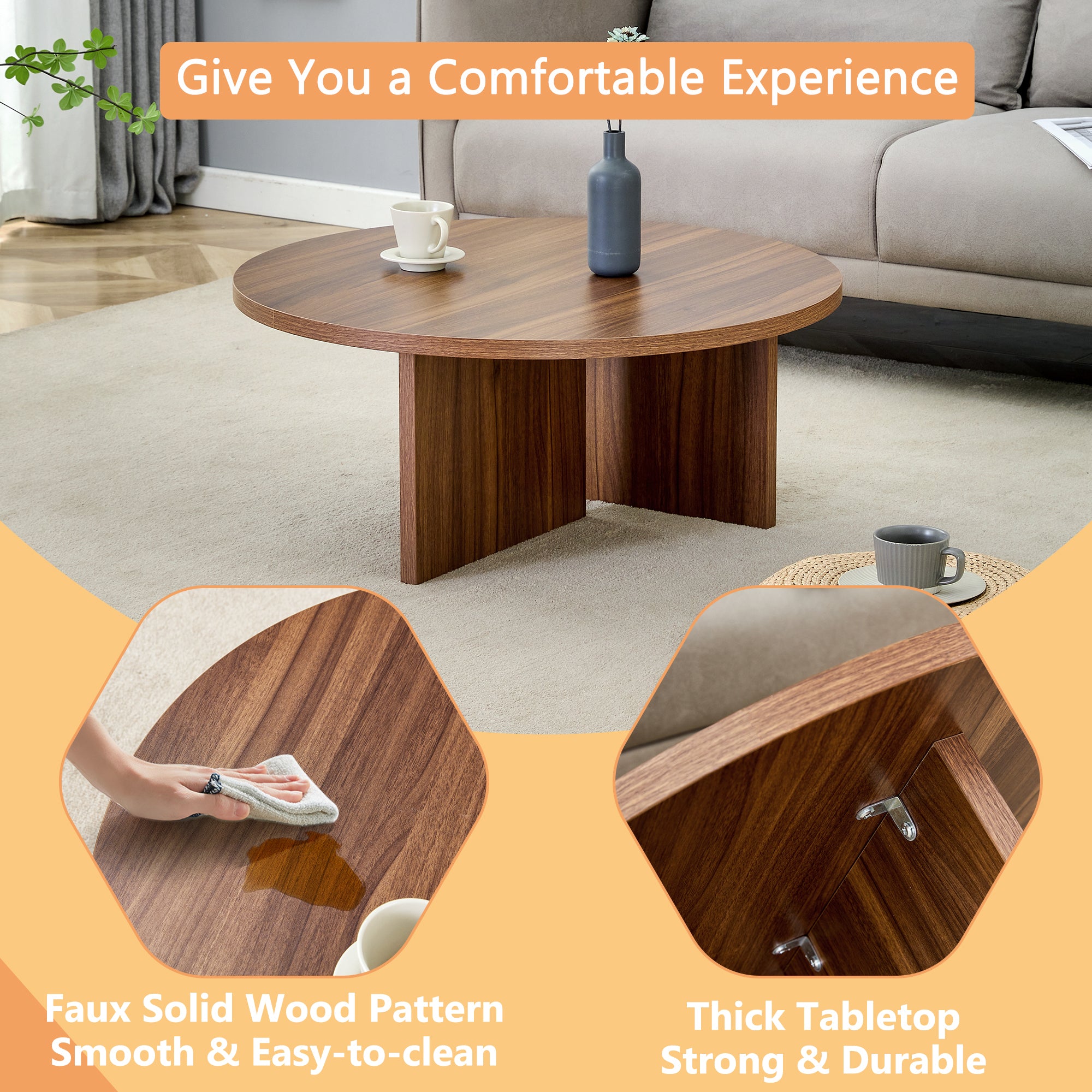 Versatile Round Coffee Table – Walnut-Finished MDF, Modern Minimalist Nordic Style, 31.5" Diameter
