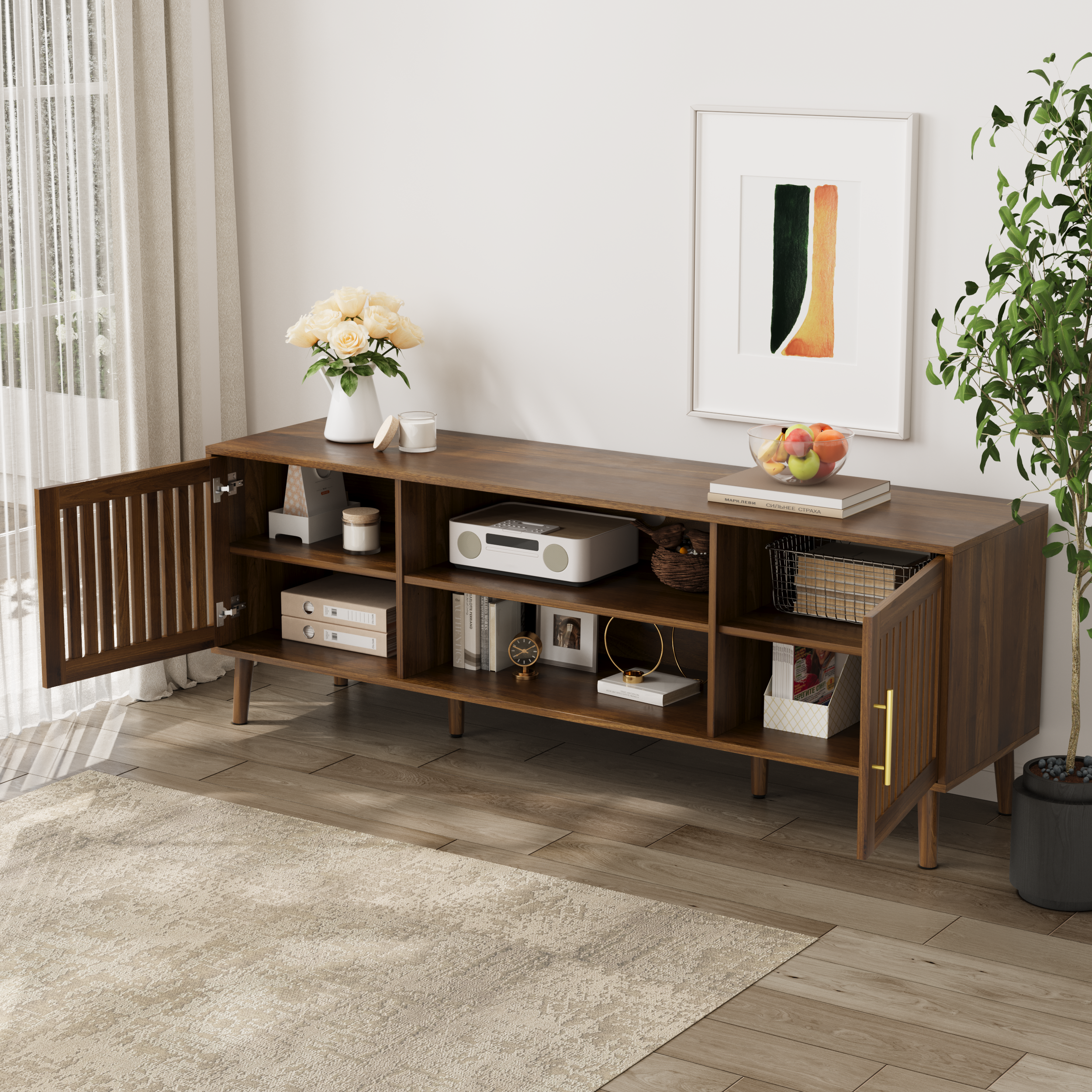 63-Inch Walnut TV Stand – Mid-Century Modern Entertainment Center with 2 Grille Door Cabinets & Adjustable Storage Rack, Fits 55/65/70 Inch TVs