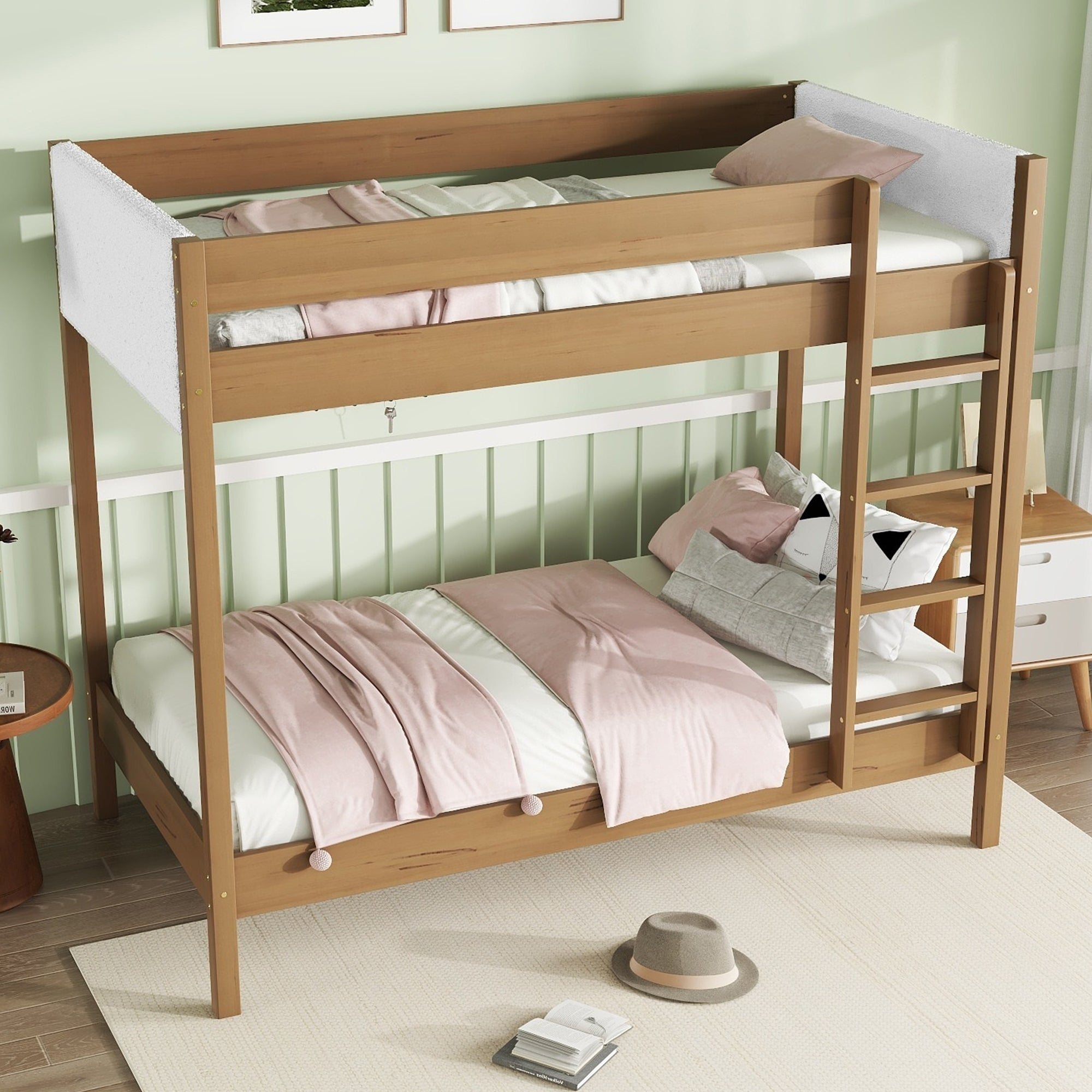 Twin Over Twin Bunk Bed, Upholstered Bunk Bed Frame with Ladder, Safety Guardrails,Rubber Wooden,Teddy Fleece Fabric Headboard/Footboard ,Natural