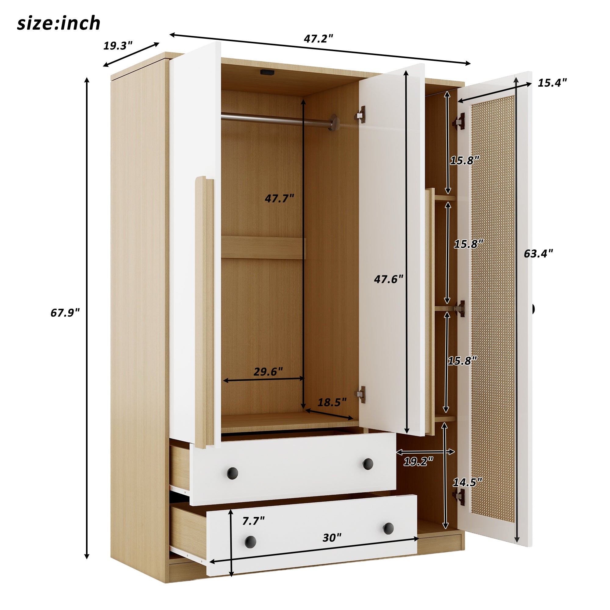 
3-Doors Wooden Rattan Wardrobe Storage for Bedroom,with 2 Drawers,White+Nature
