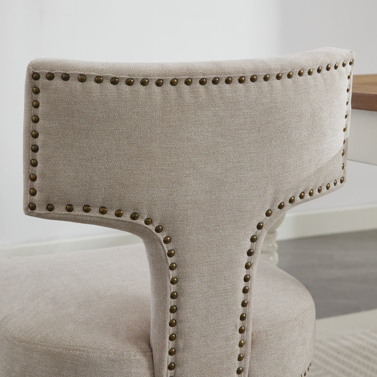 Mid Century Modern Dining Chairs Set of 2, Farmhouse Linen Fabric Upholstered Accent Chair Curved Backrest with Copper Nails around,Kitchen Chairs with Hardwood Frame, Beige