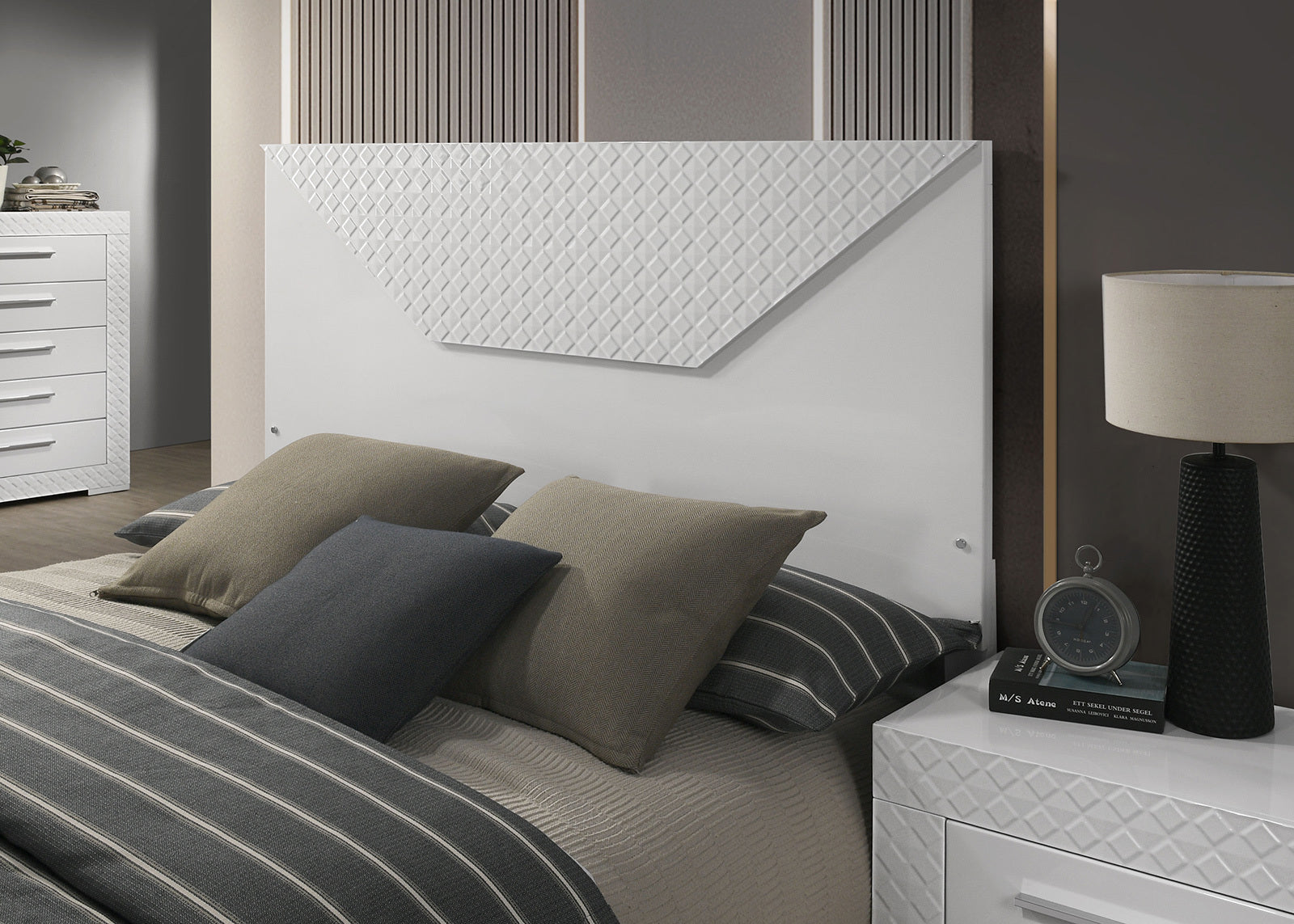 White Color 1pc Queen Size Bed W LED Bedroom Furniture High Gloss Finish Unique Design Headboard