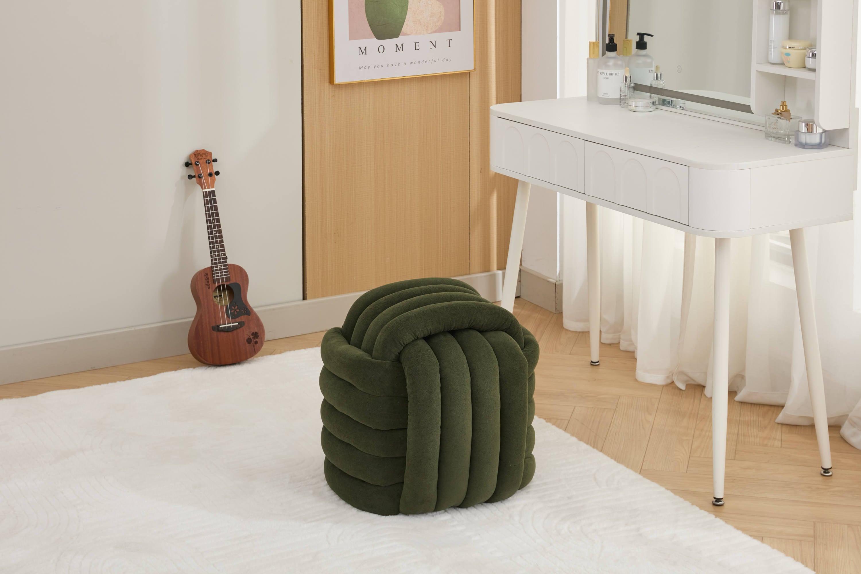 060-Chenille Fabric Modern Knot Design Ottoman Makeup Stool Footstool, Comfortable and Stylish Seat for Living Room, Bedroom,Green