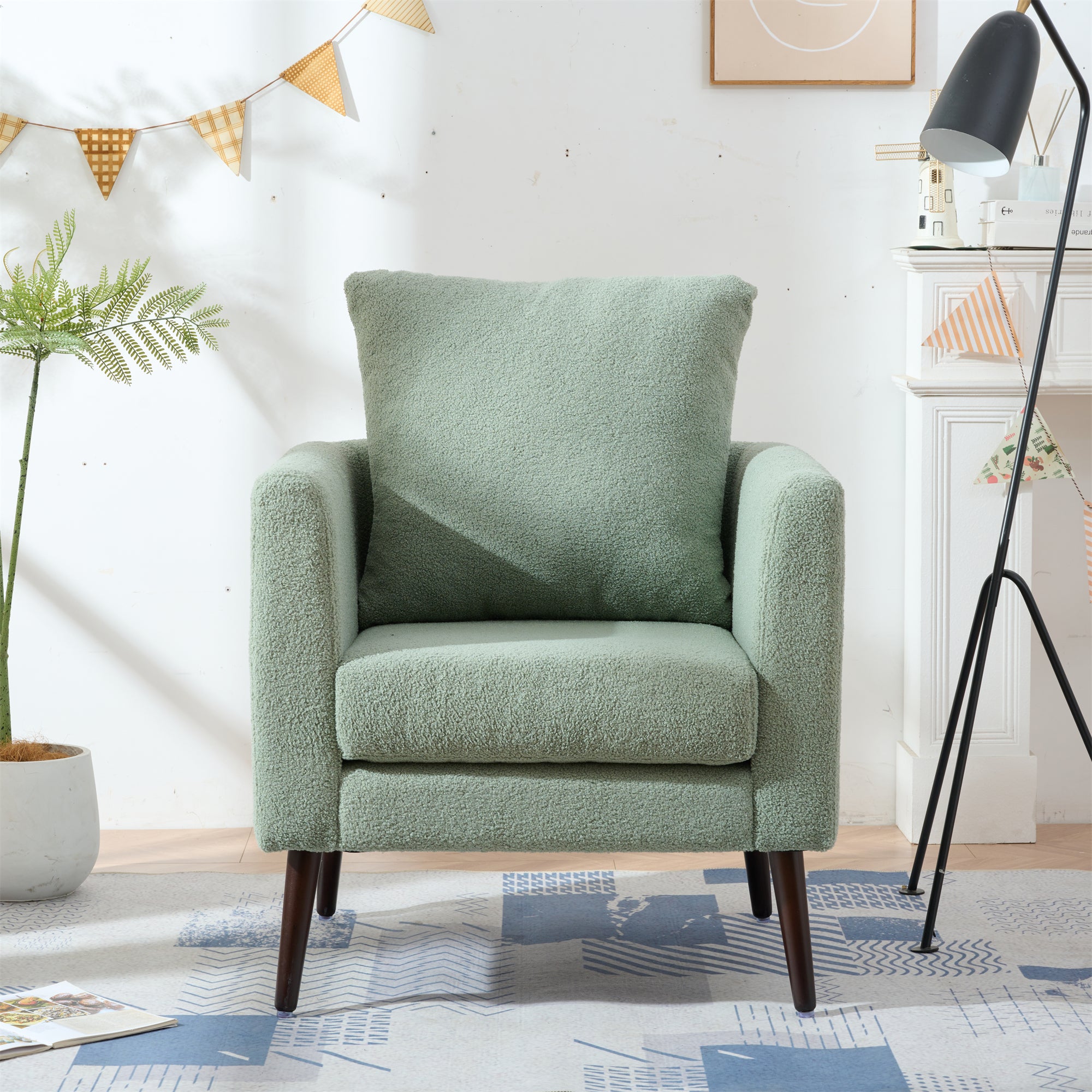 Modern Accent Chair – Upholstered Mid Century Lounge Armchair with Pillow & Wood Legs for Living Room, Bedroom, Reception Room (Light Green)