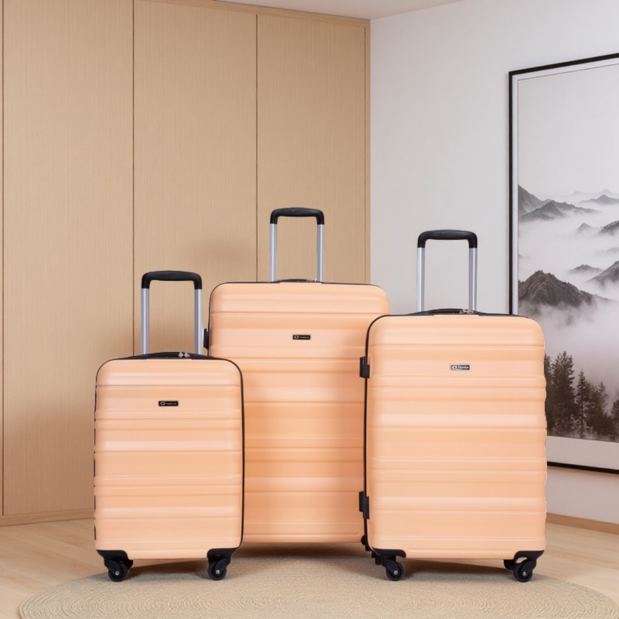 Expandable 3 Piece Luggage Sets PC Lightweight & Durable Suitcase with Two Hooks, Spinner Wheels, TSA Lock, Peach