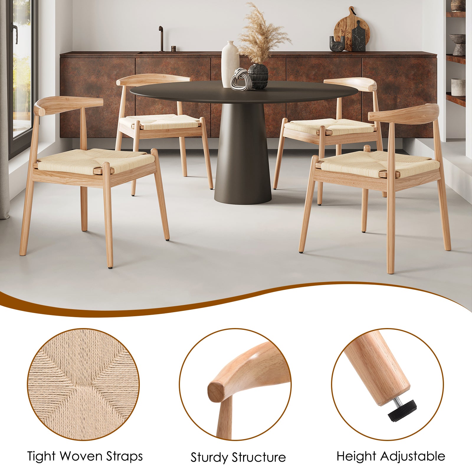 Weave Dining Chairs Set of 2, Mid-Century Modern Kitchen Chair with Solid Oak Frame & Handwoven Seat for Living Dining Room