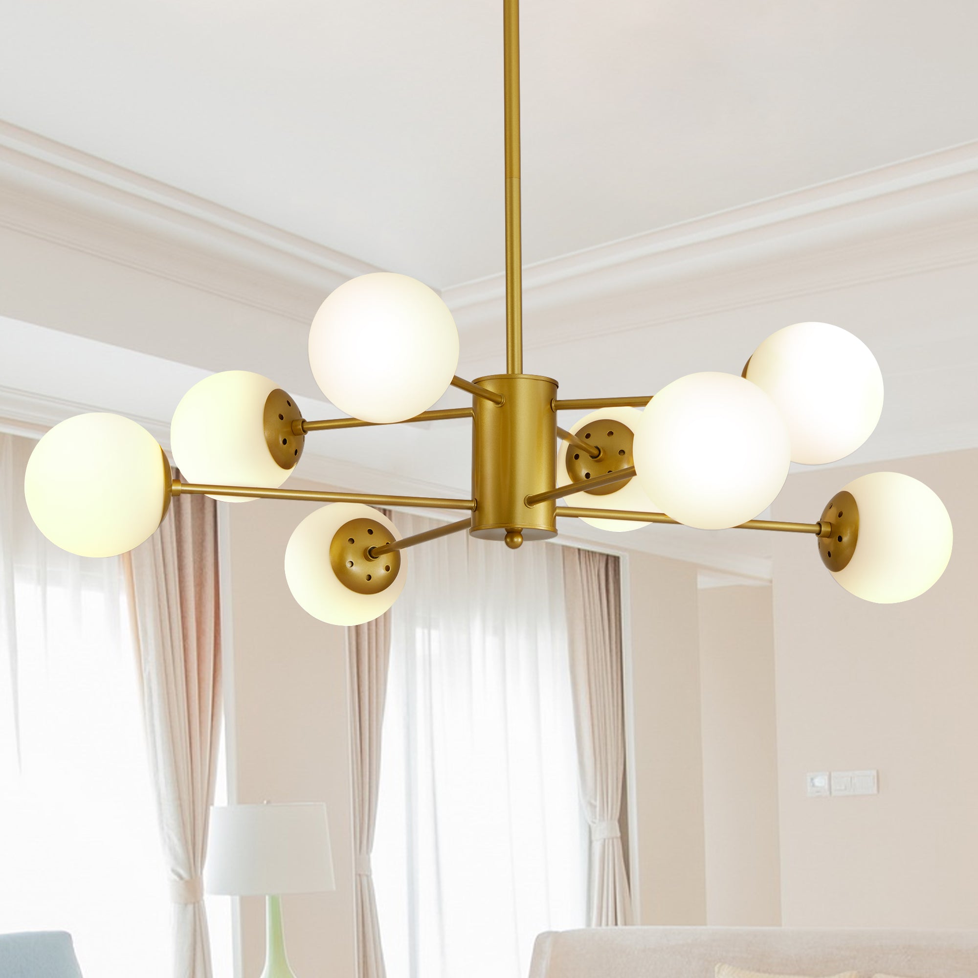 35' Modern 8-Light Gold Chandelier with White Glass Globe Shades, Mid-Century Branching Design, Elegant Ceiling Light Fixture for Dining Room, Living Room, or Bedroom (No Bulbs)