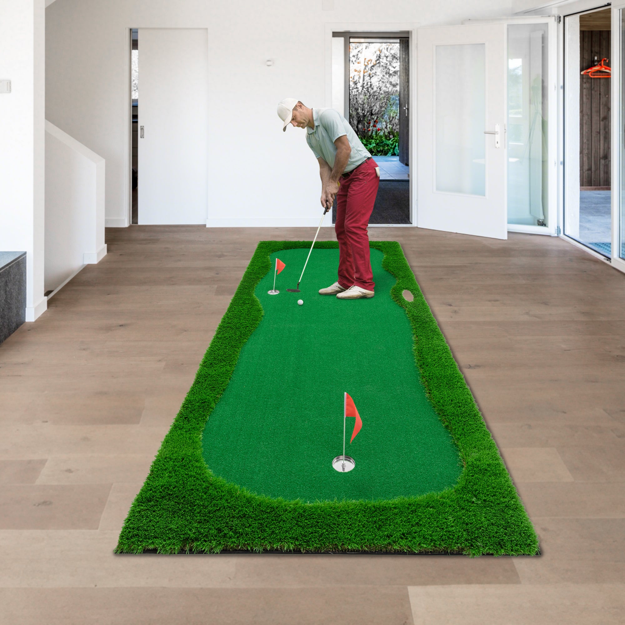 12x5 FT Golf Putting Green, Golf Training Mat with High-quality Turf, 3 Holes, 3 Flags and Cups for Indoor Outdoor