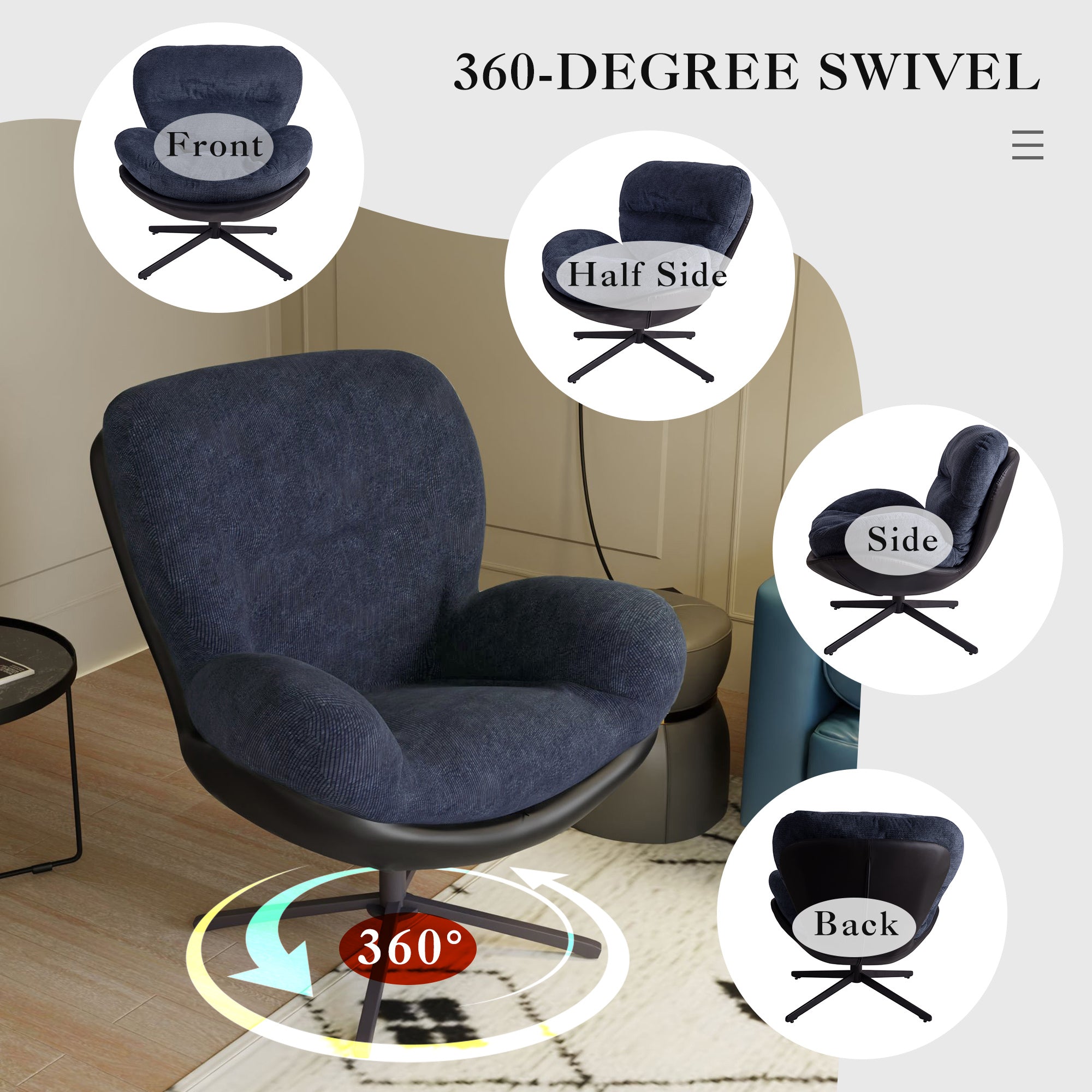 360° Swivel Office Chair, Modern Chenille Chair with Faux Leather and Black Metal Base Frame, No Wheels, Accent Chair for Small Spaces, Living Room, Bedroom, Reading Corner, Office, Dark Blue