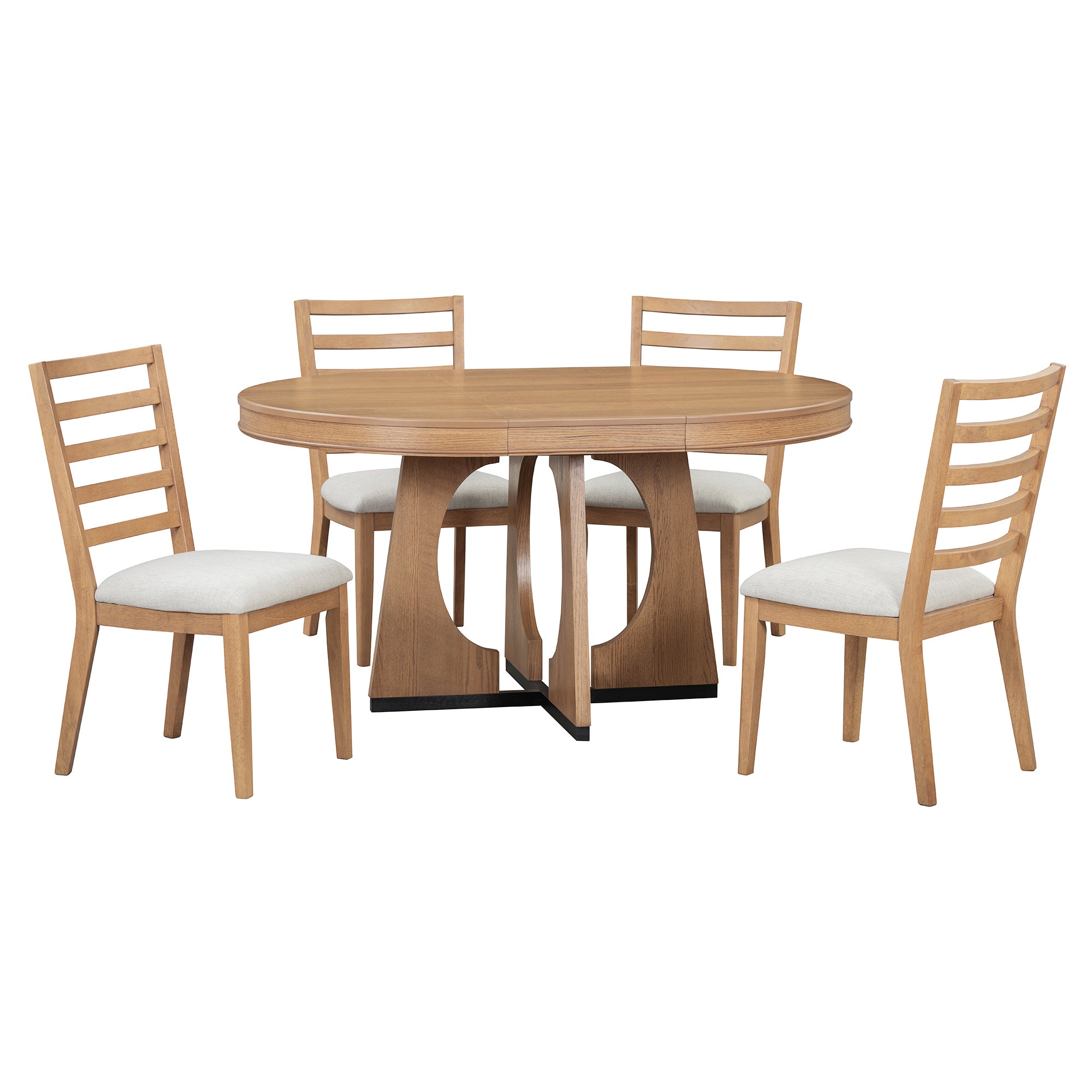 TREXM 5-Piece Retro Rustic Functional Dining Set – 1 Extendable Table with 16-Inch Leaf and 4 Upholstered Chairs, Unique Geometric Design, Ideal for Dining Room and Kitchen (Natural)