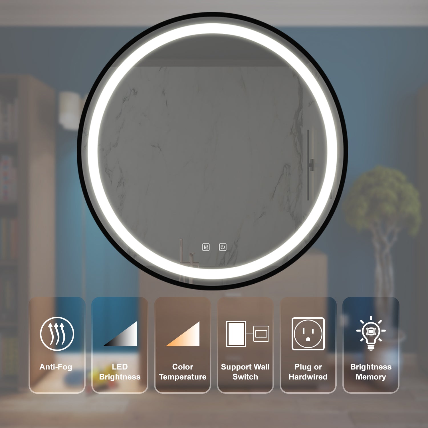 24inch Bathroom Led Classy Vanity Mirror with focused backplane,Black aluminum alloy frame,High Lumen,Dimmable Touch,Wall Switch Control, Anti-Fog ,CRI 95 Adjustable 3000K-4500K-6000K ,IP54 Waterproof