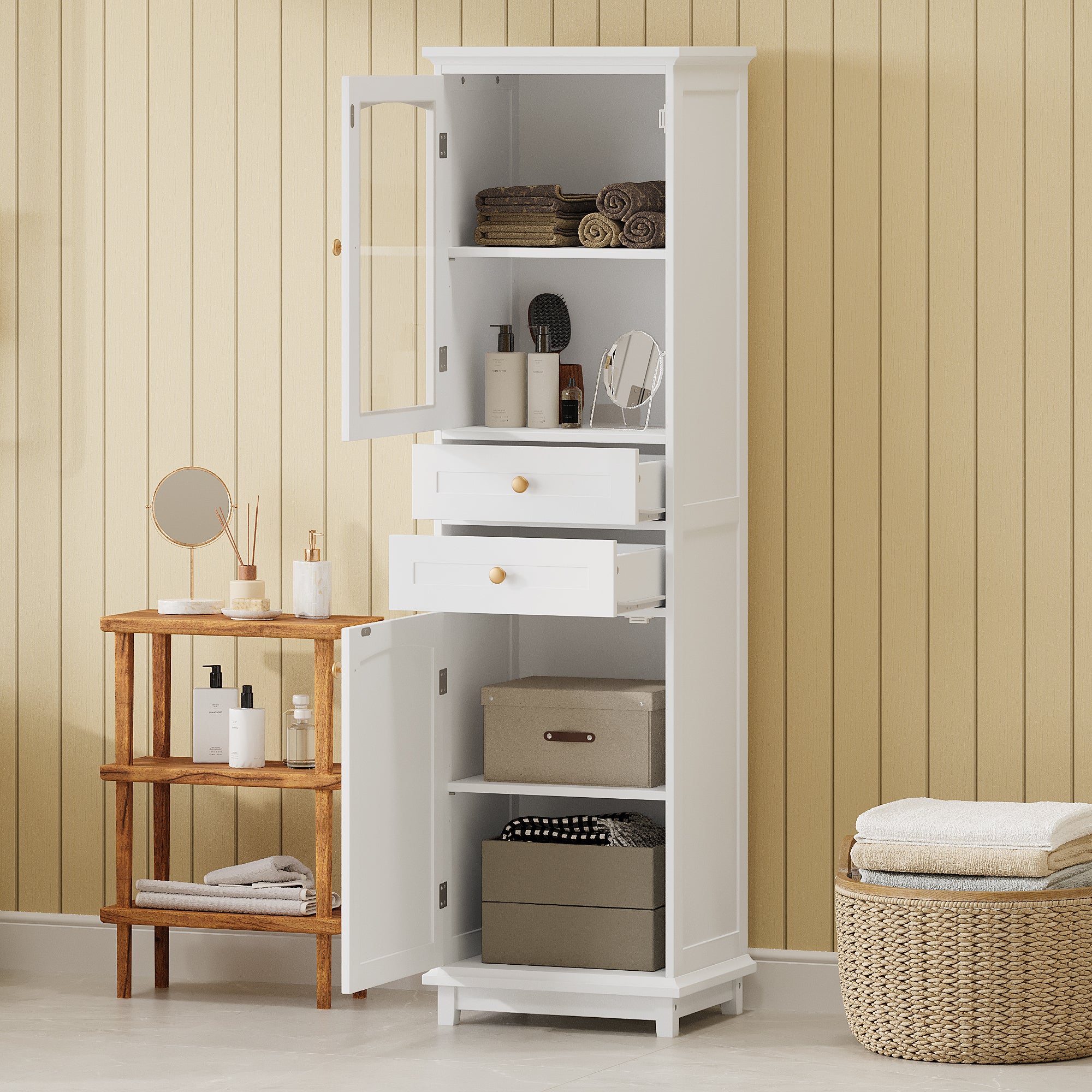 63" Tall Bathroom Storage Cabinet with Glass Doors, Free-Standing, Two Drawers & Adjustable Shelves – MDF Board, Painted White – Perfect for Displaying Favorite Items